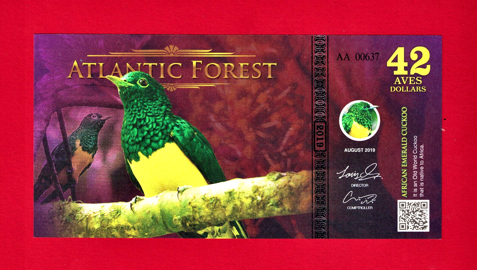 42 AVES DOLLARS 2019 ATLANTIC FOREST "AFRICAN E. CUCKOO" 3DIGITS SERIAL UNC NOTE