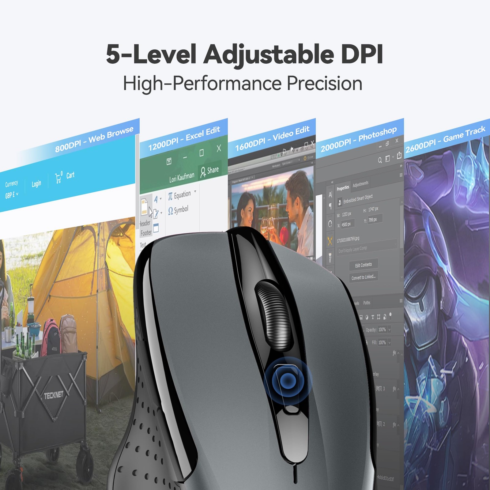 TECKNET Wireless Mouse, 2.4G Ergonomic Optical Mouse, Computer Mouse for Laptop,