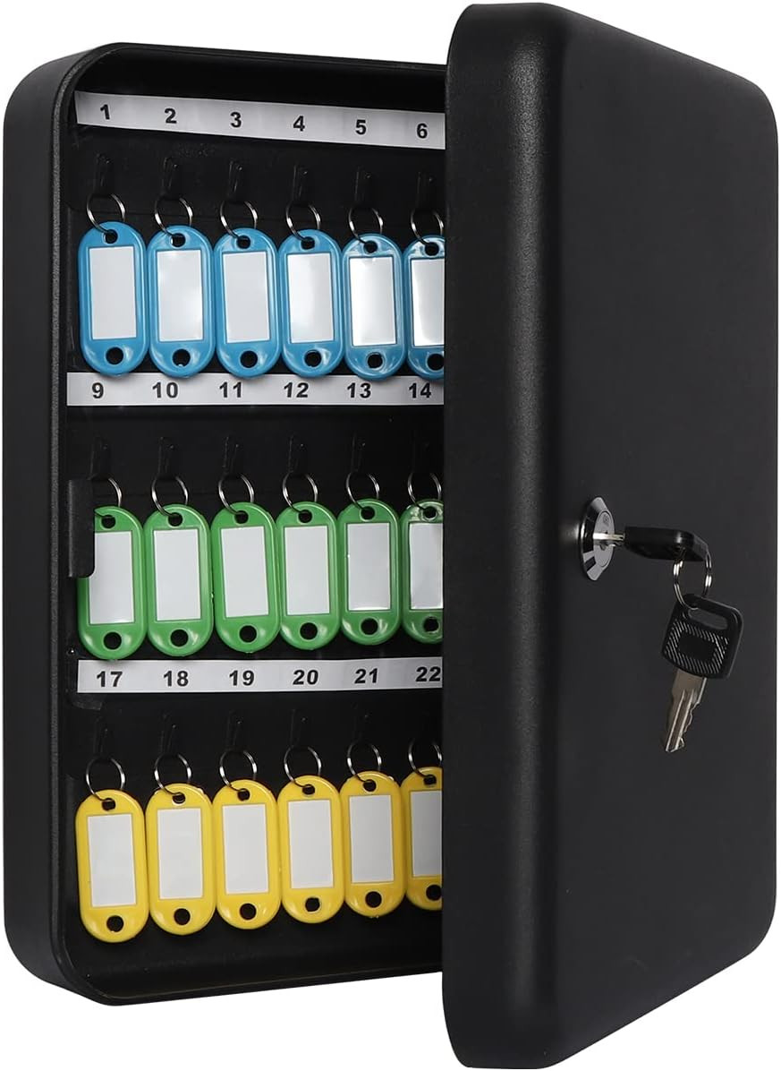 Wall-Mounted Key Lock Box with 48 Hooks and Labels, Black Matte Finish