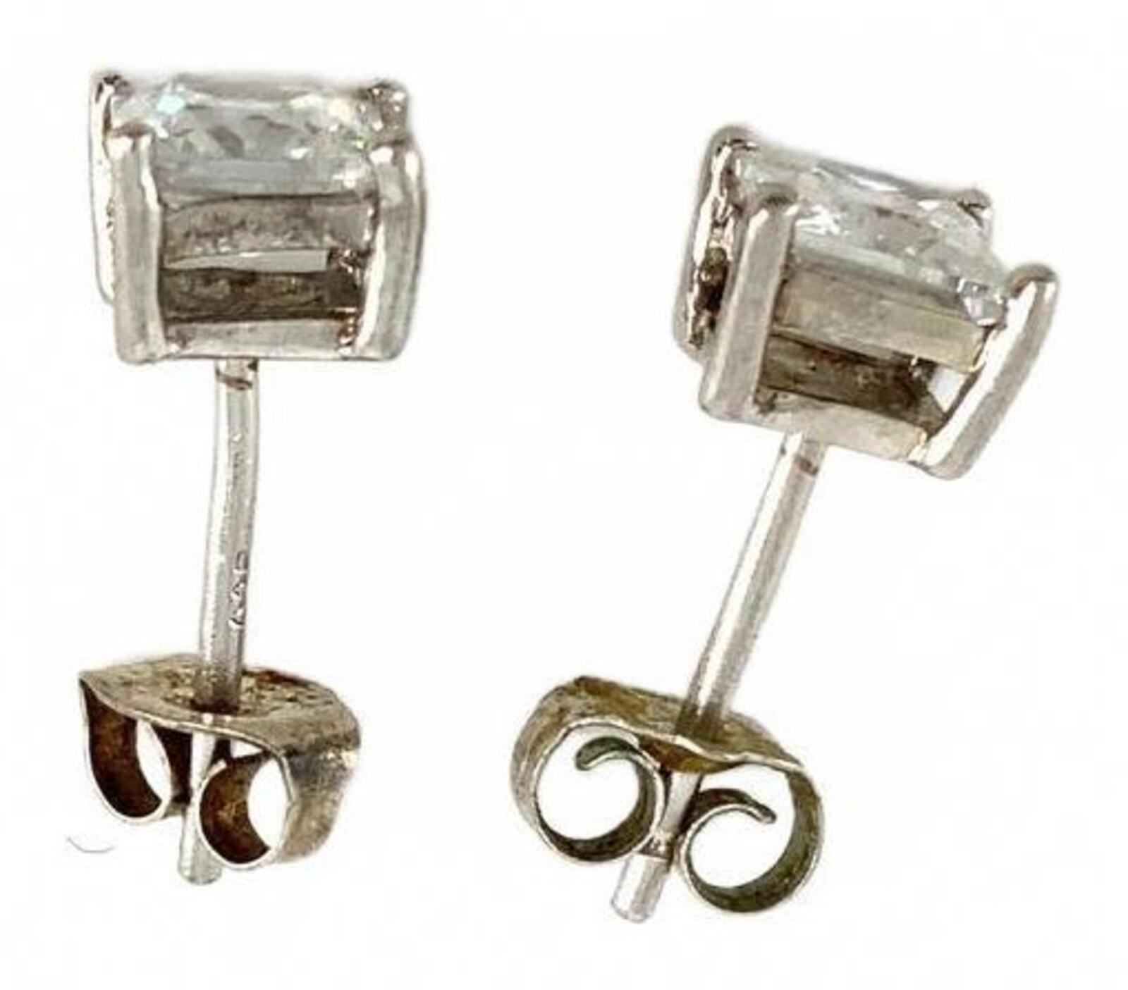 Vintage Sterling Silver Modernist Stud Earrings Princess Cut Clear Cubic Zirconi