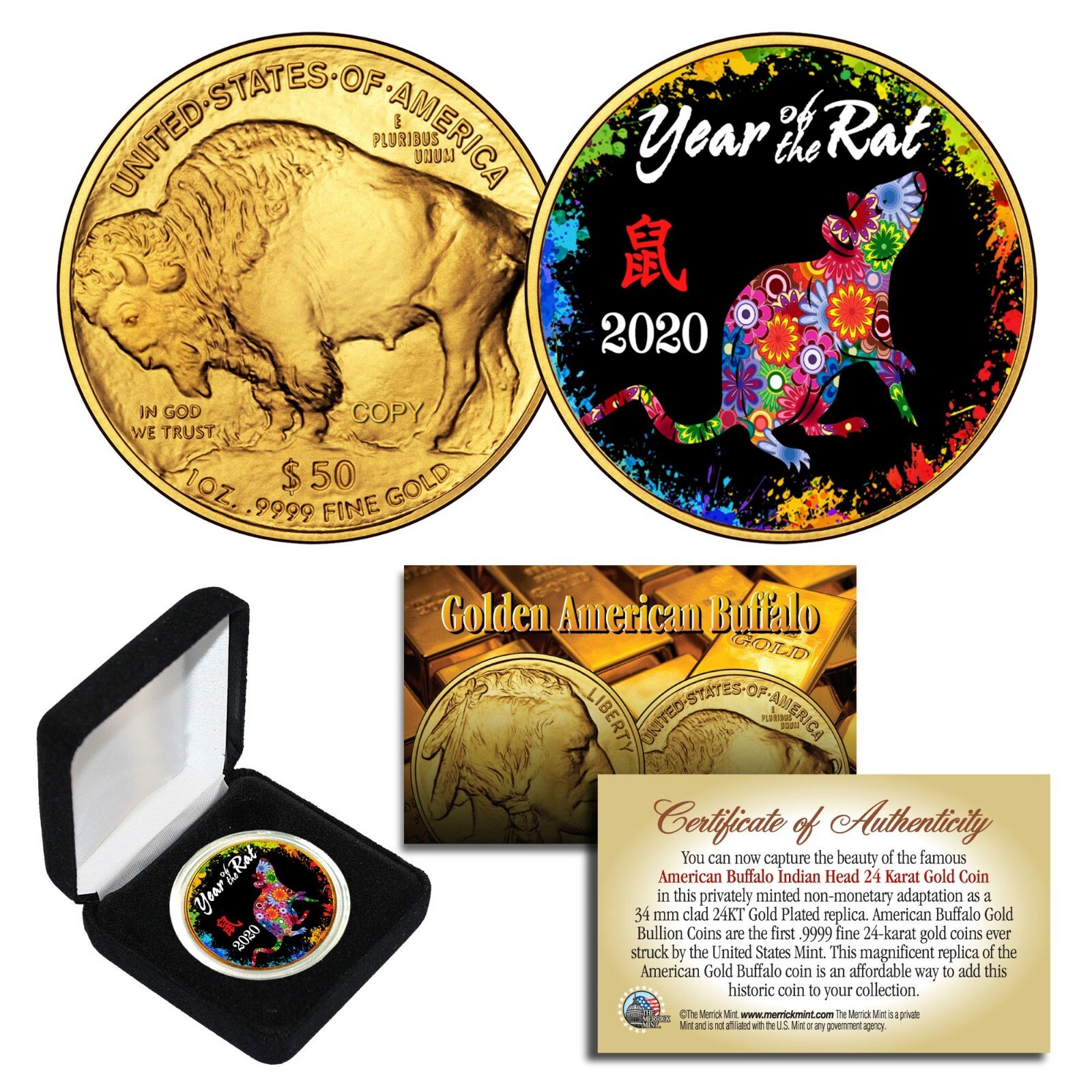2020 Chinese YEAR OF THE RAT 24K Gold Buffalo Tribute Coin PolyChrome with BOX