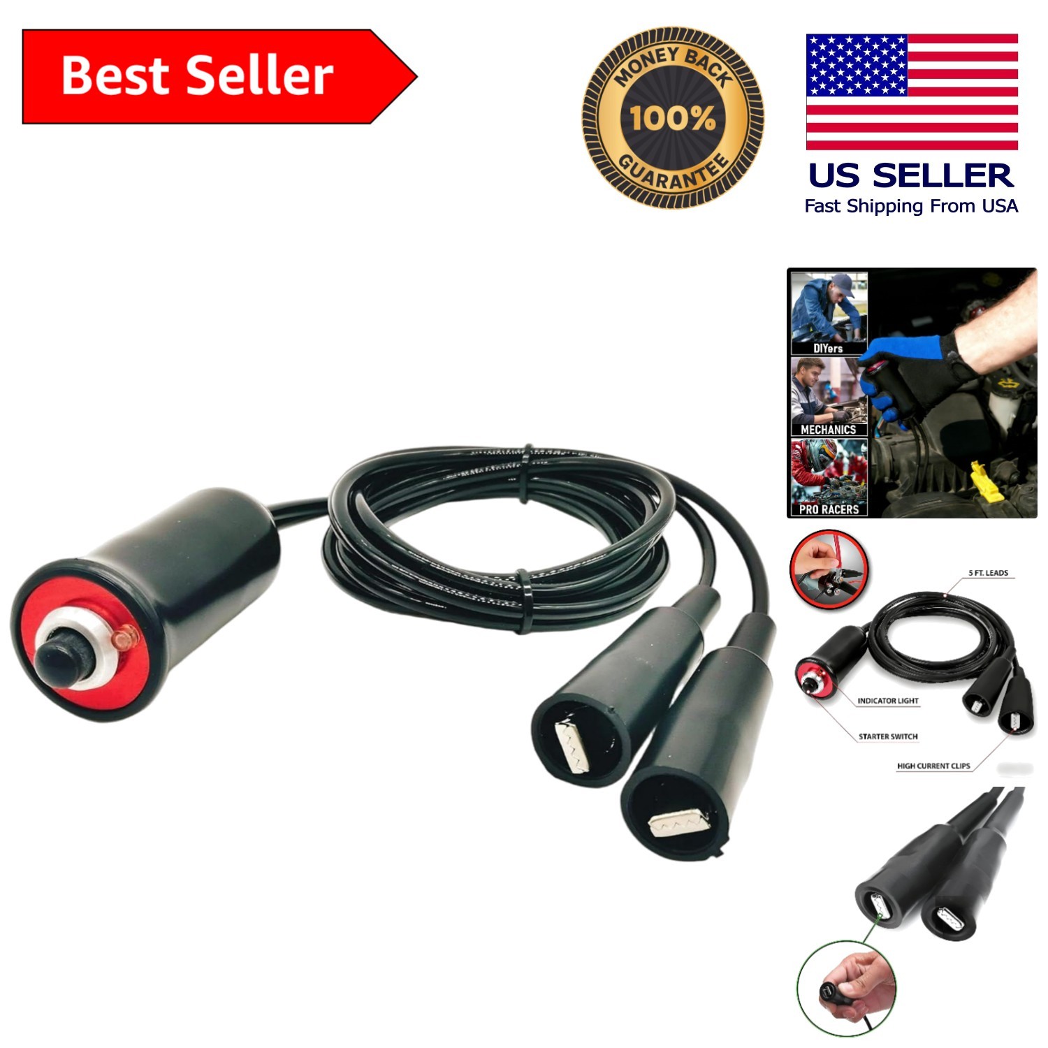 Heavy Duty 12V Push Button Remote Starter Switch with 5ft Wire & Alligator Clips