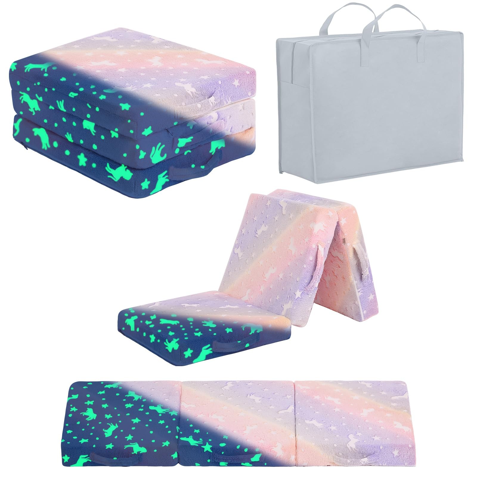 Foldable Floor Mattress for Kids, Glow in The Dark Purple Horse Toddler Washa...