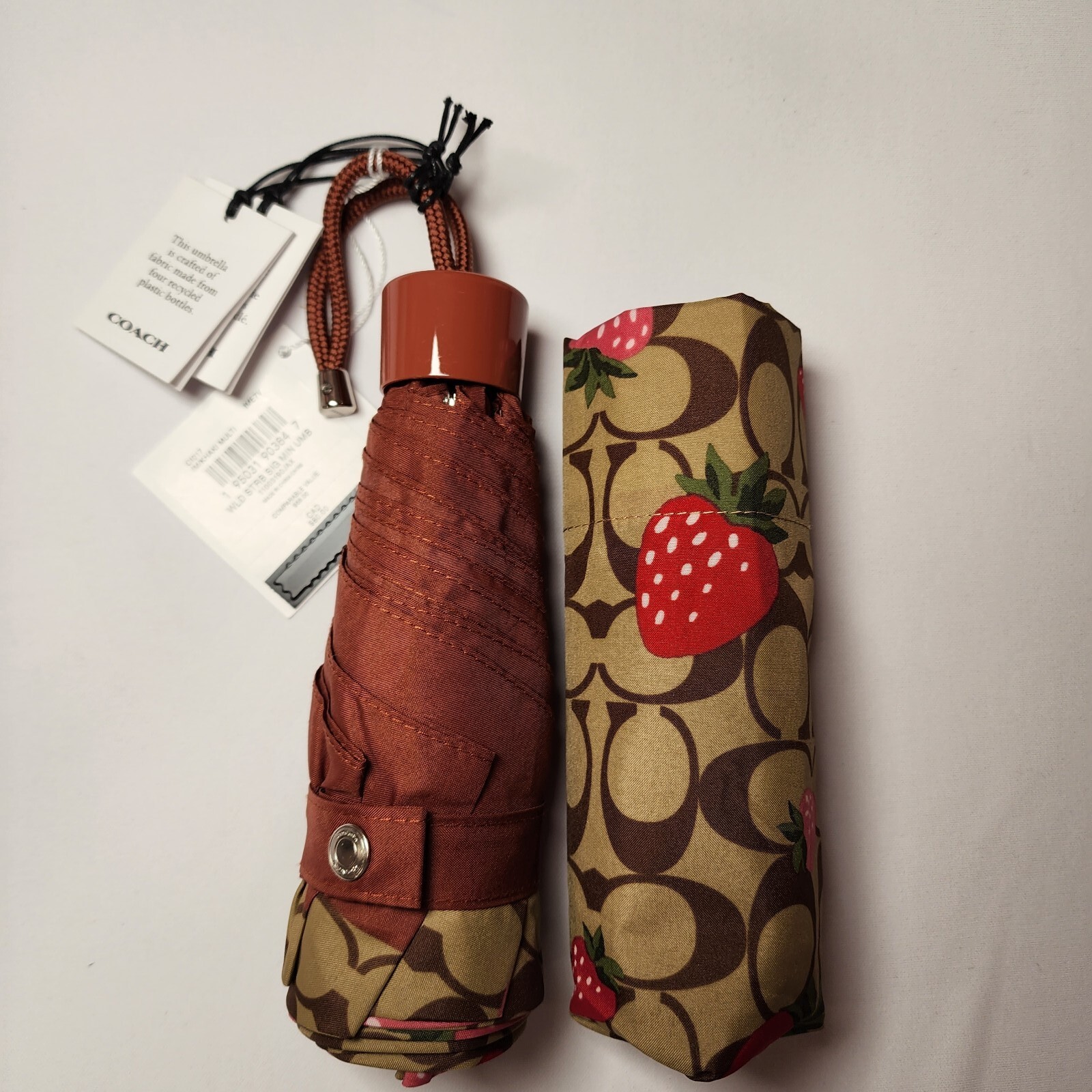 NWT Coach Mini Umbrella in Wild Strawberry Print Khaki Multi