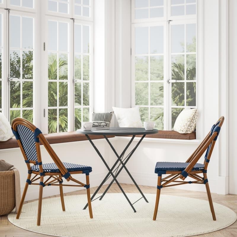 2 PACK Bistro Style Navy & White Armless Dining Chair W/ Bamboo Aluminum Frame