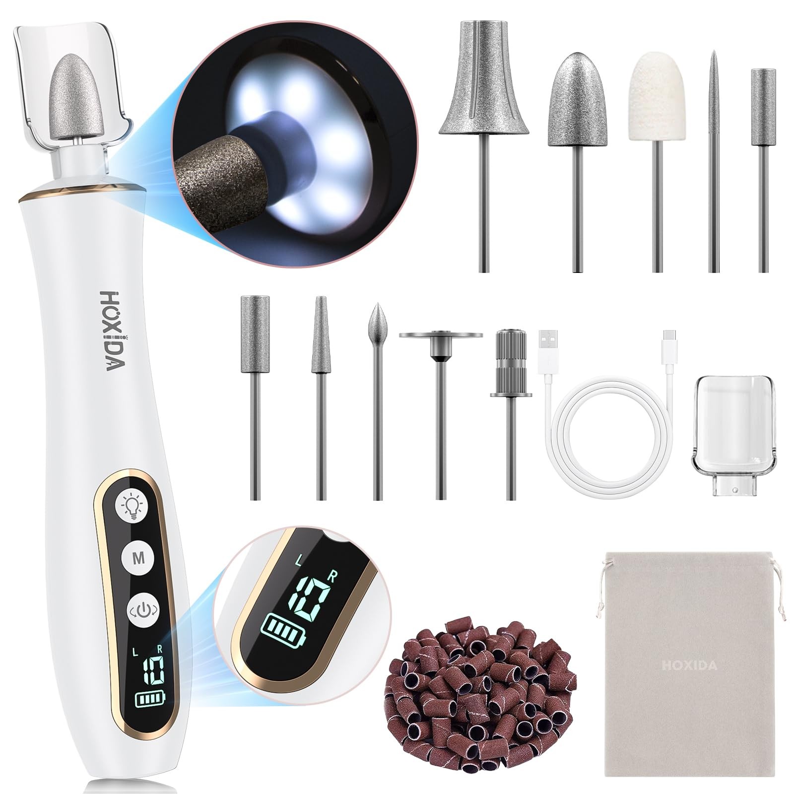 Cordless Nail Drill with 360° LED Light - 10 Speed Pedicure Tools for Home Use