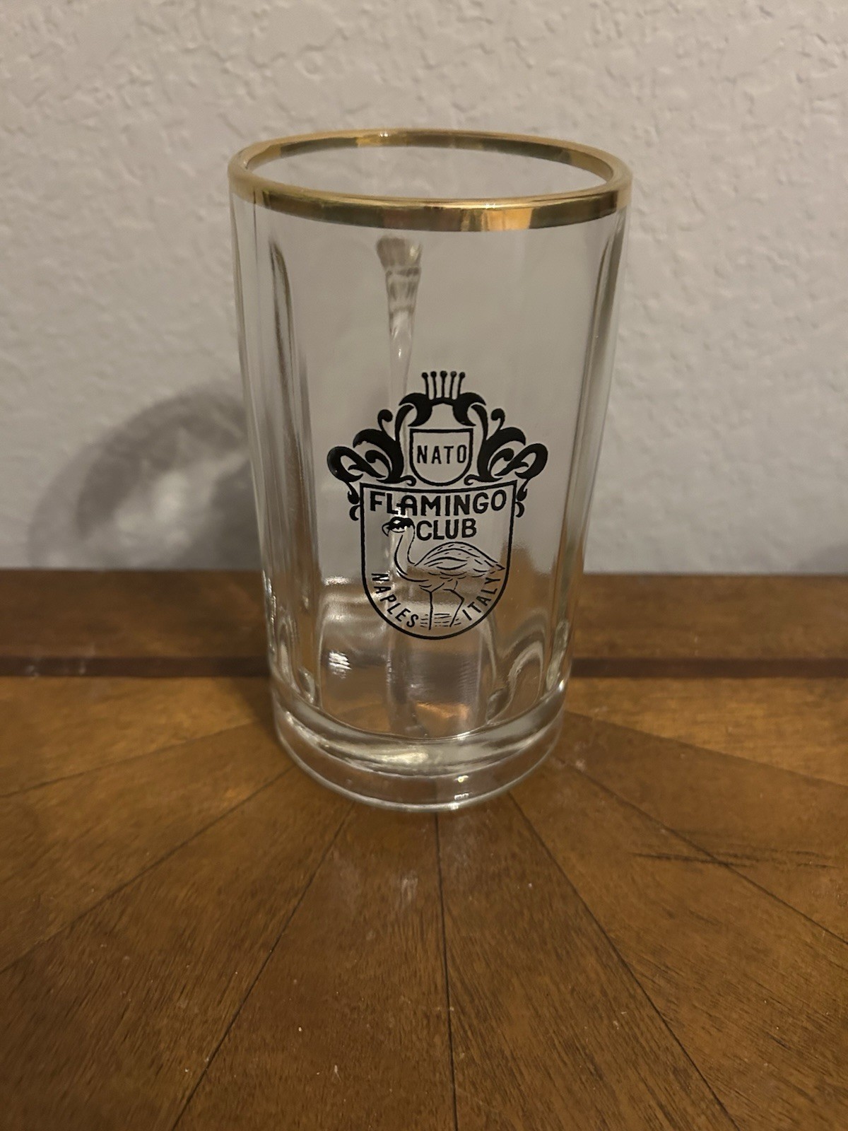NATO Vintage Glass Mug Logo “NATO Flamingo Club” Naples Italy Gold Rim 6”