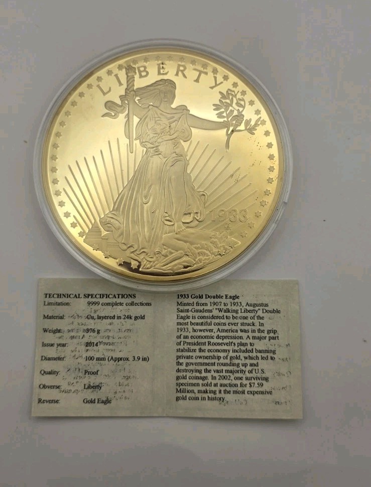 2014 American Mint 1933 Double Gold Eagle Commemorative Coin w/COA.Proof.100mm.