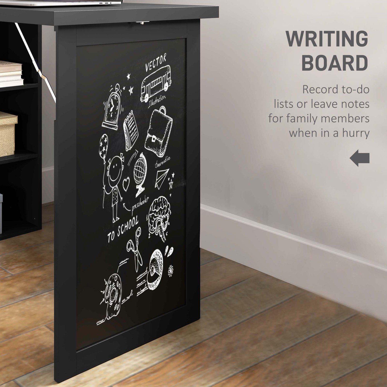 Convertible Desk with Blackboard & Shelf Multi-Function Table, Black