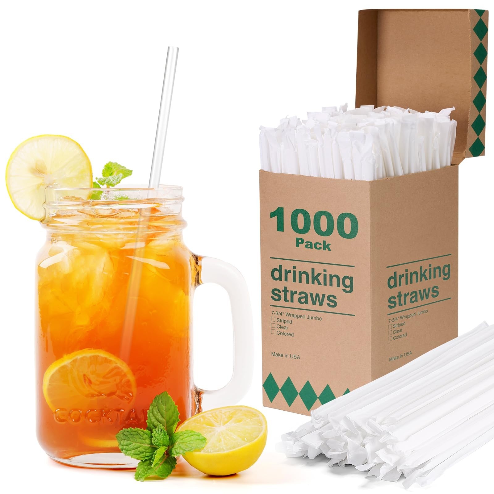 1000 Count Individually Wrapped Clear Plastic Drinking Straws – 7.75" Long