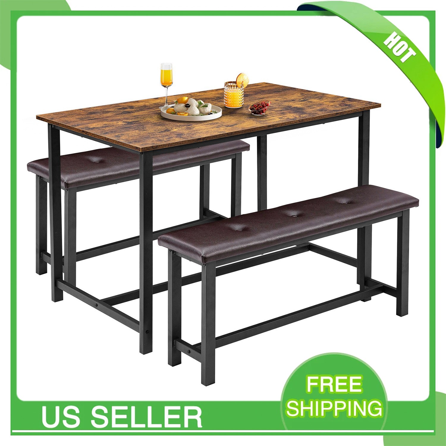 Space-Saving Dining Table Set for 4 with 2 Upholstered Benches for Apartment