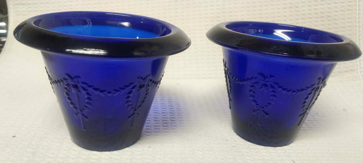 2 dark blue glass planters hand made in spain from recycled glass
