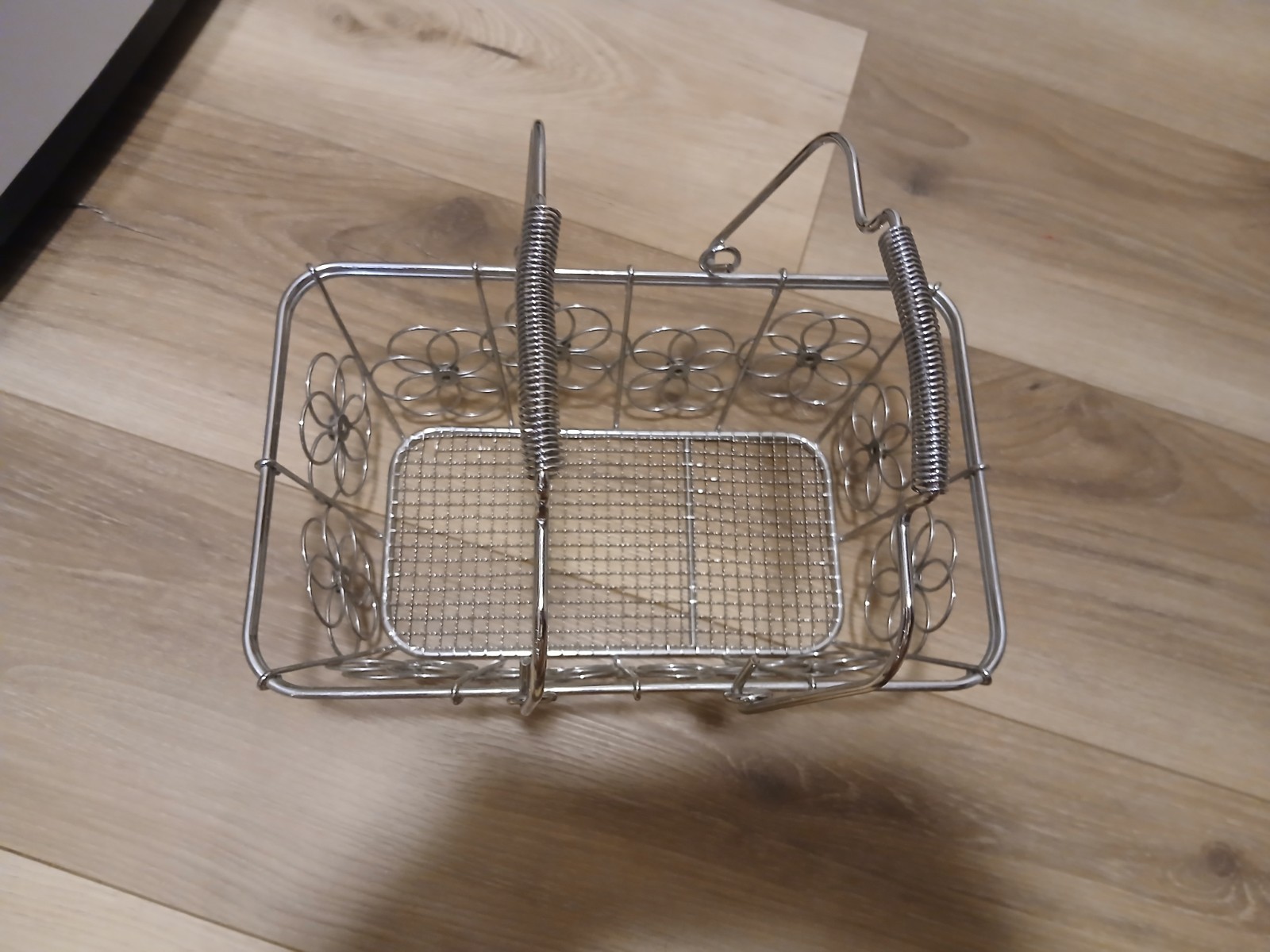 Rectangular Silver Metal Wire Basket with Handles Floral Design