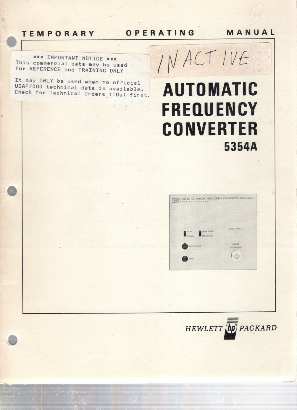 Hewlett Packard Automatic Frequency Converter 5354A Temporary Operating Manual
