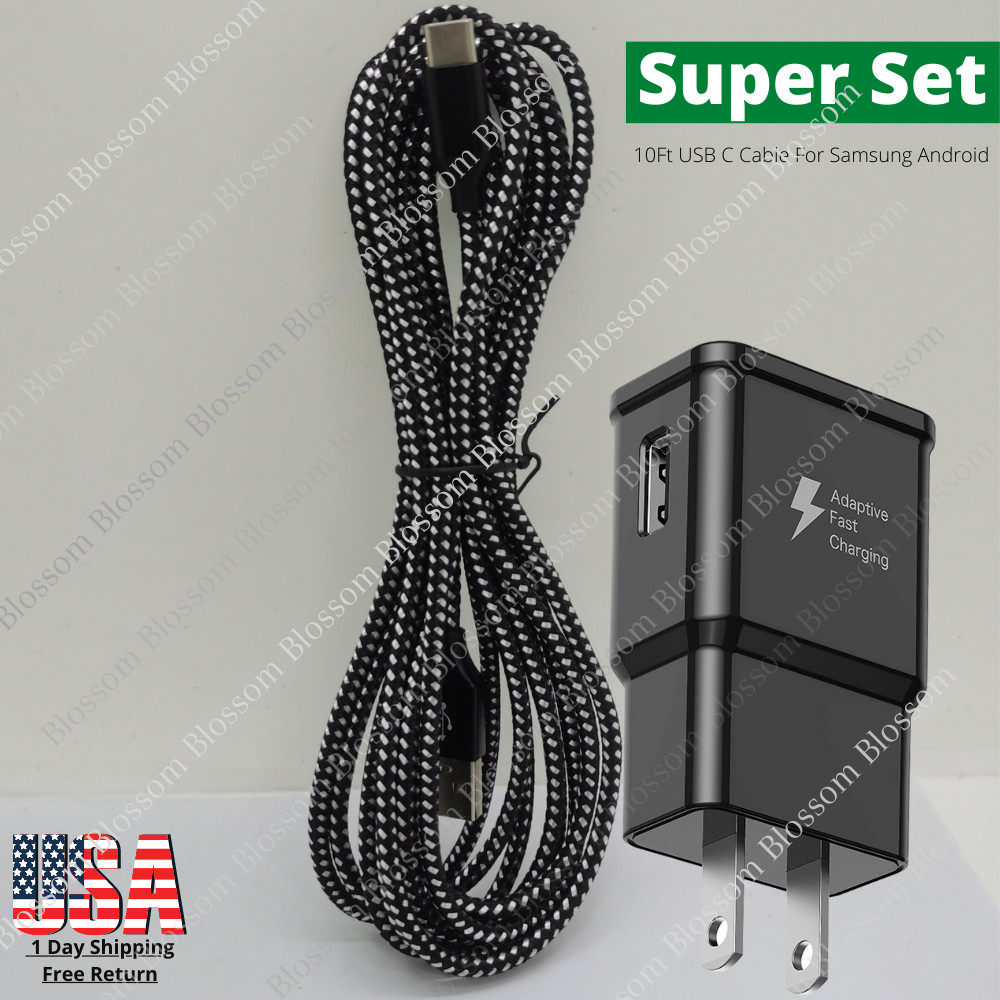 Adaptive Fast Charger Block Braided USB C Charging Cord 10Ft For Samsung Android