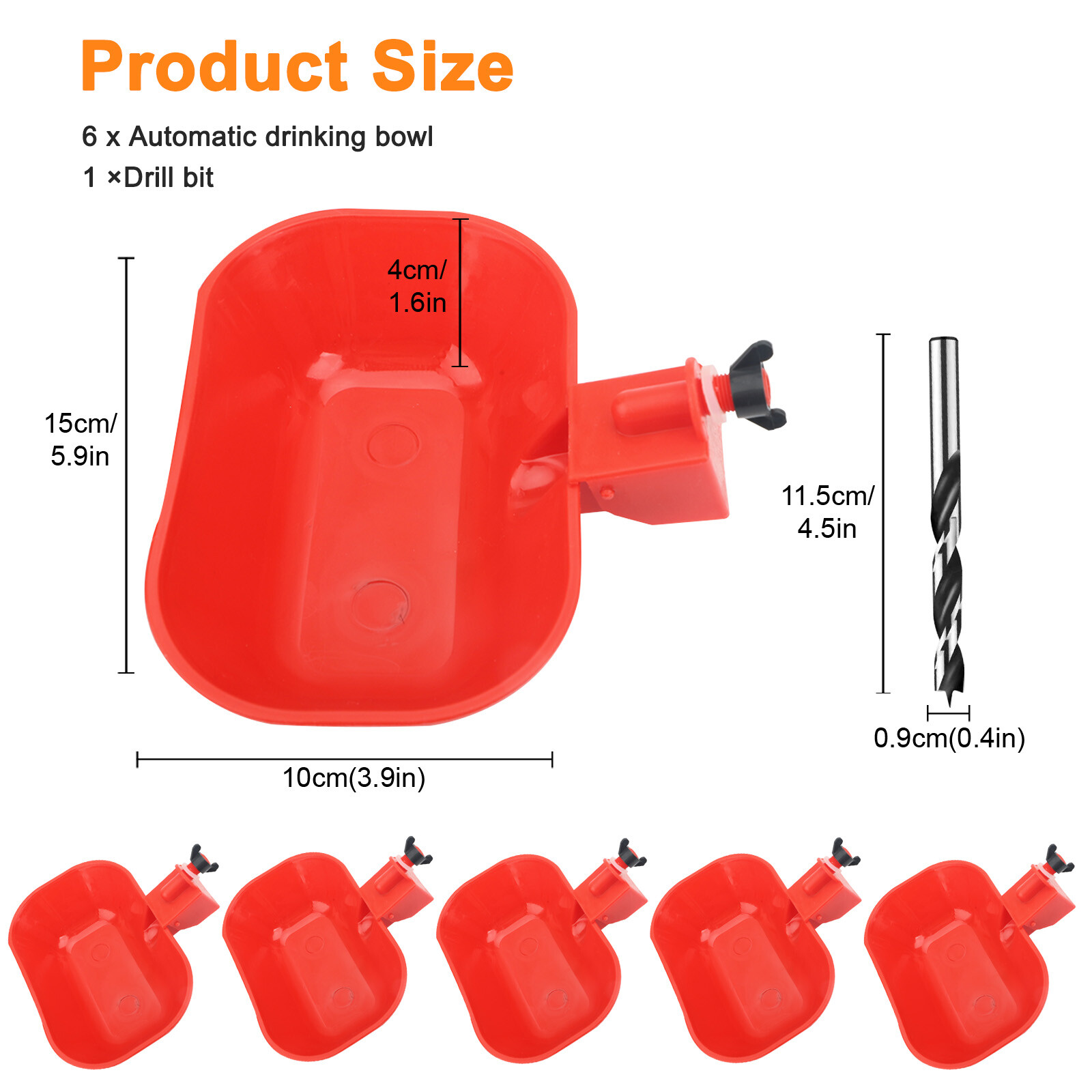 6PCS Large Automatic Water Cups Chicken Duck Quail Drinker Waterer w/ Drill Bit