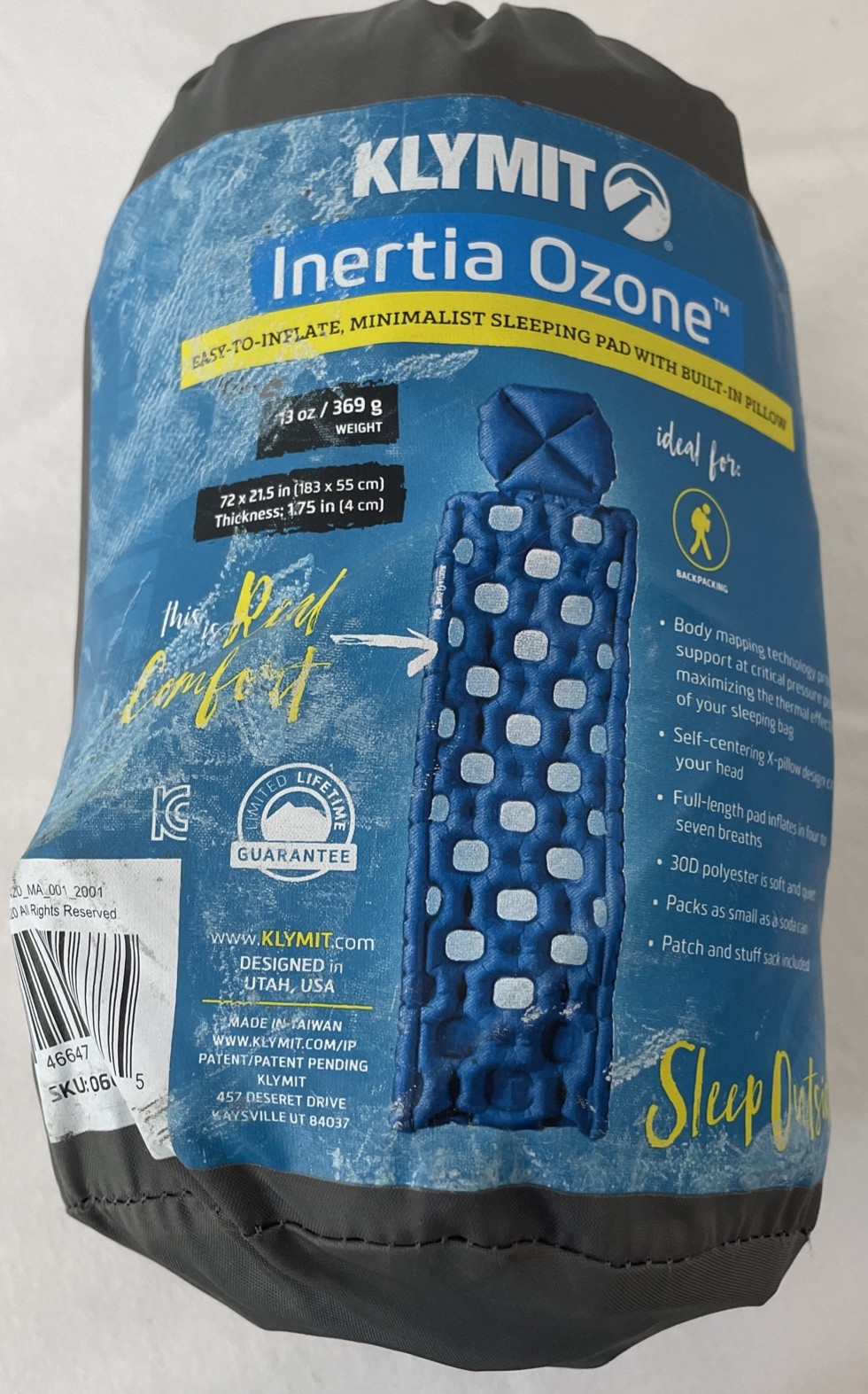 Klymit Inertia Ozone Sleeping Pad with Pillow Blue New