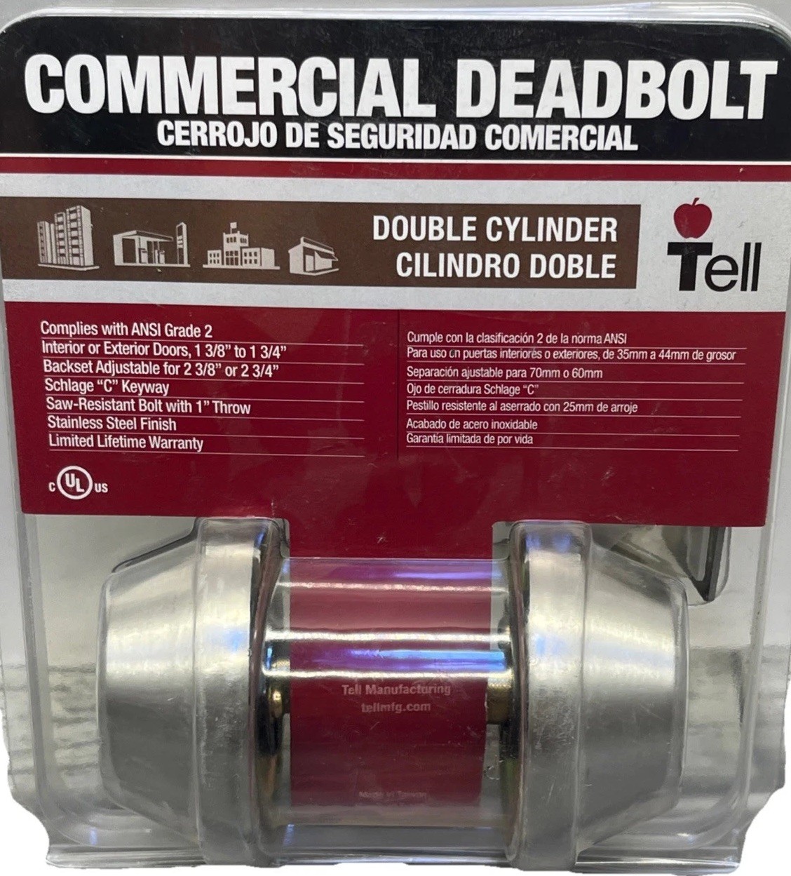 Tell Commercial Deadbolt Double Cylinder Stainless Steel. {UU}.