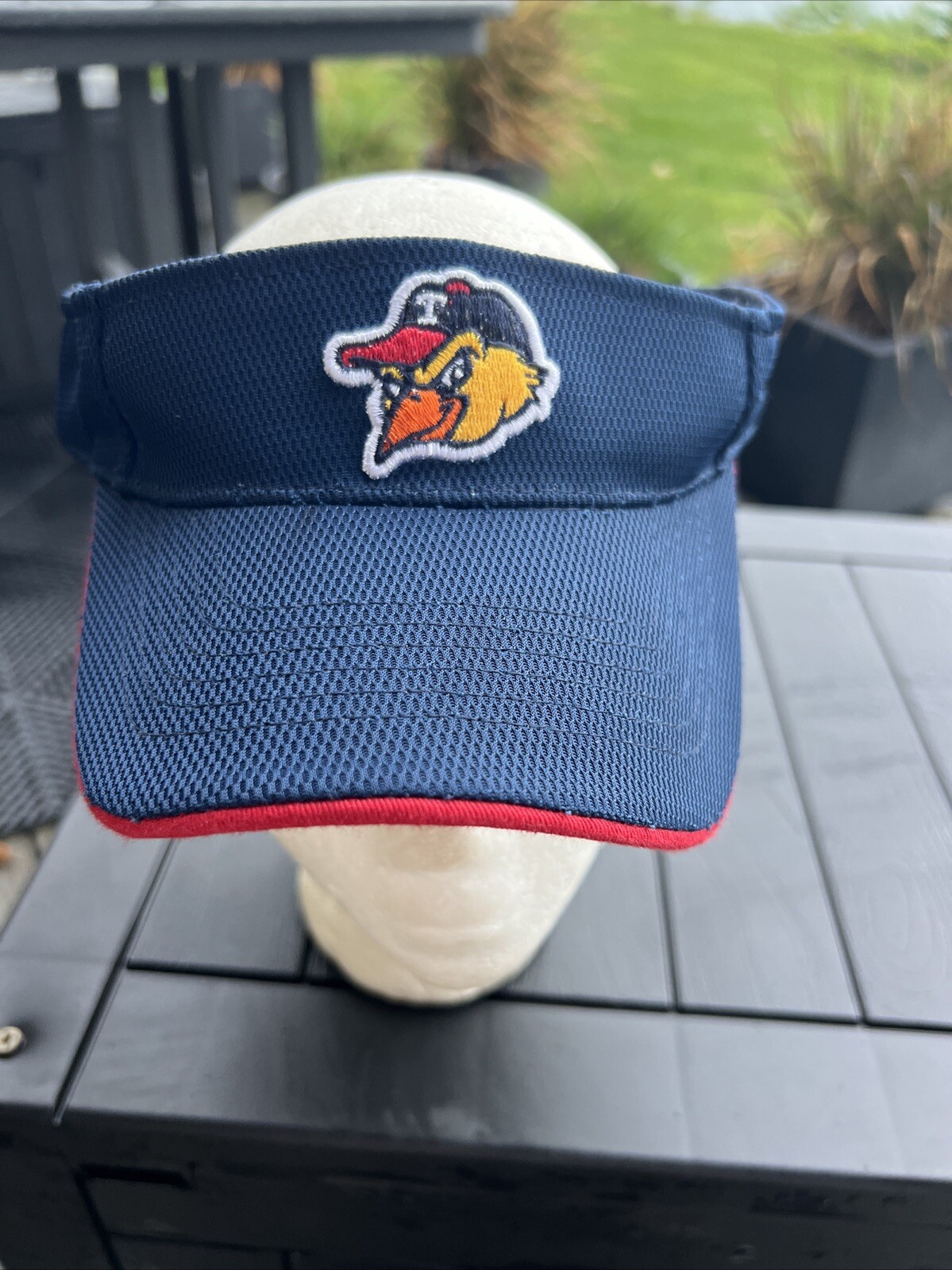 Toledo Mud Hen’s Logo on Minor League Baseball Visor Hat Red Blue Hook Loop EUC