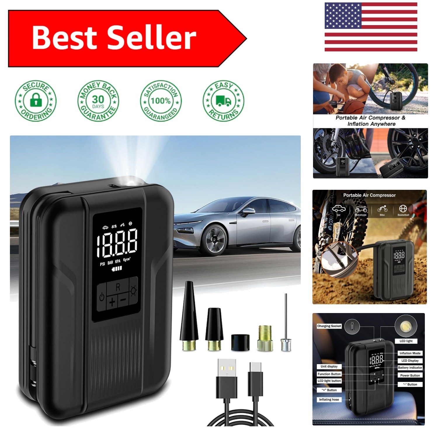 Digital Tire Pump - 5000mAh Battery Inflator with Auto Operation & LED Light