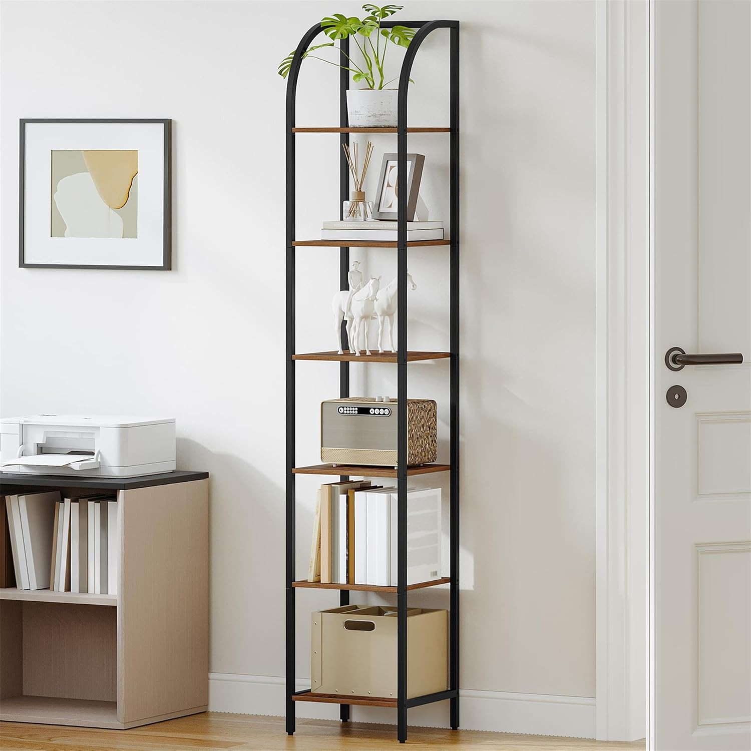 Bookshelf Narrow Bookcase, Tall Storage Rack with Steel Frame | Display Standing
