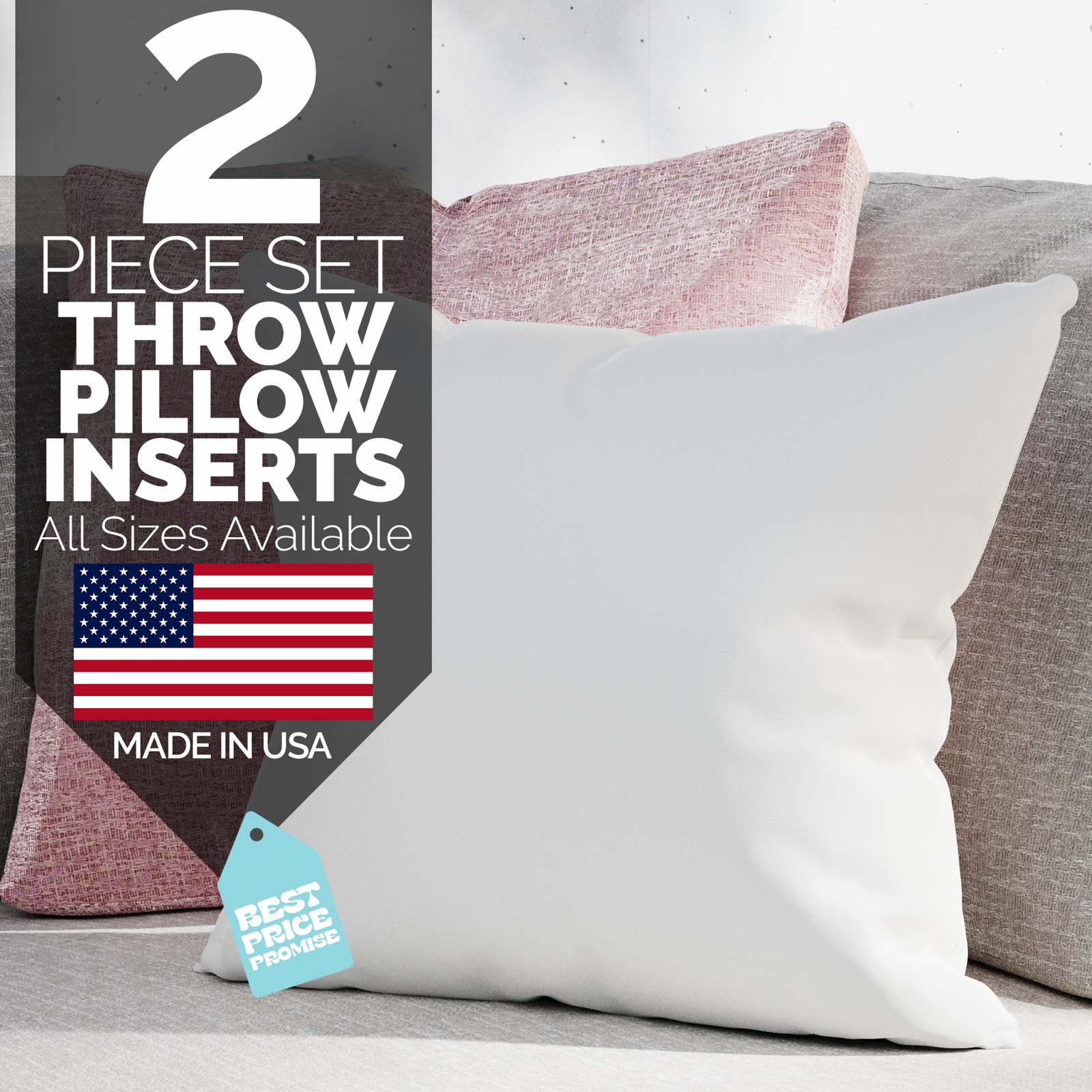 Euro Pillow Stuffing Throw Pillow Insert Form inserts USA Cotton Shell Pair of 2