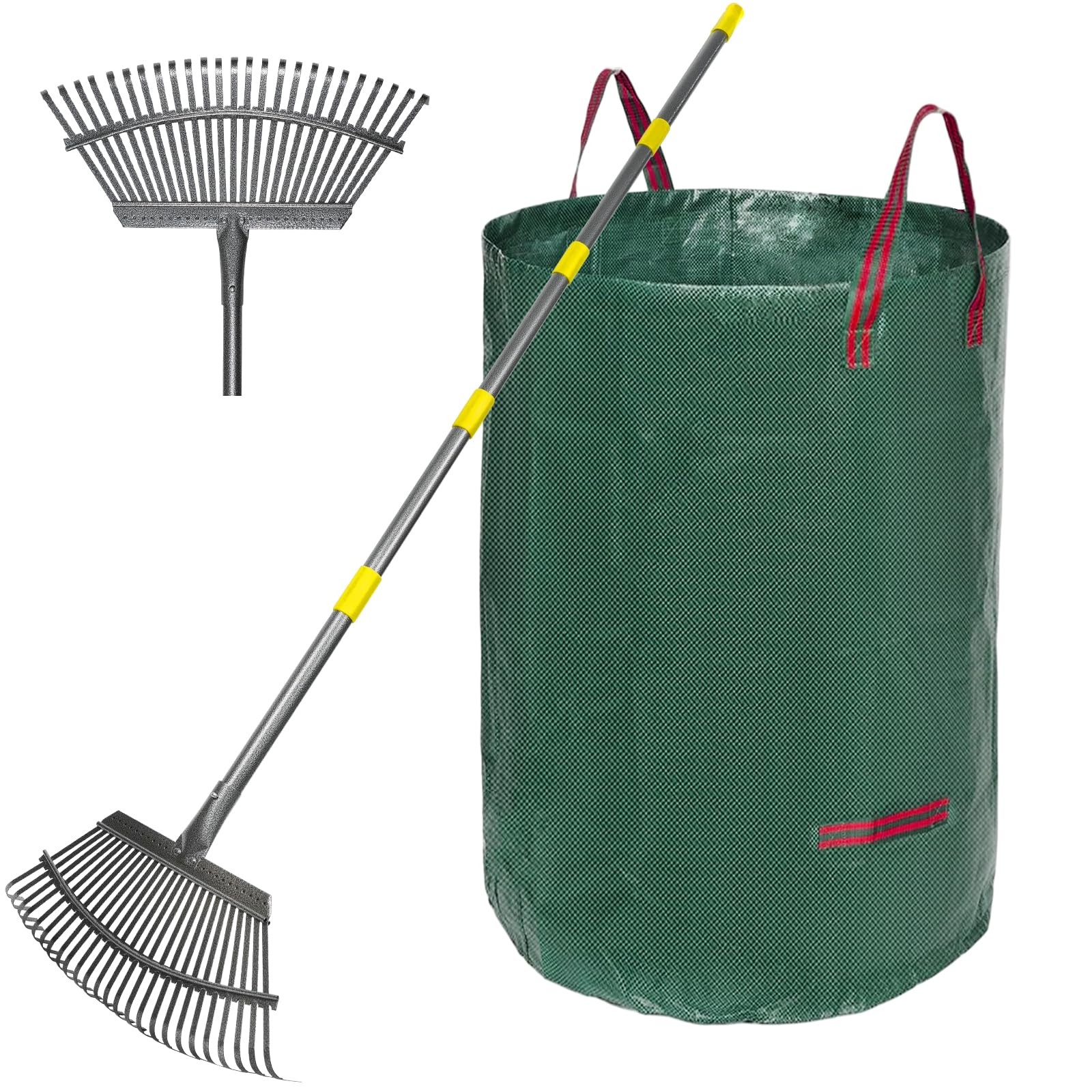 Adjustable Garden Rake for Leaves 36-73" Long Handle, 18" Wide, Heavy Duty wi...