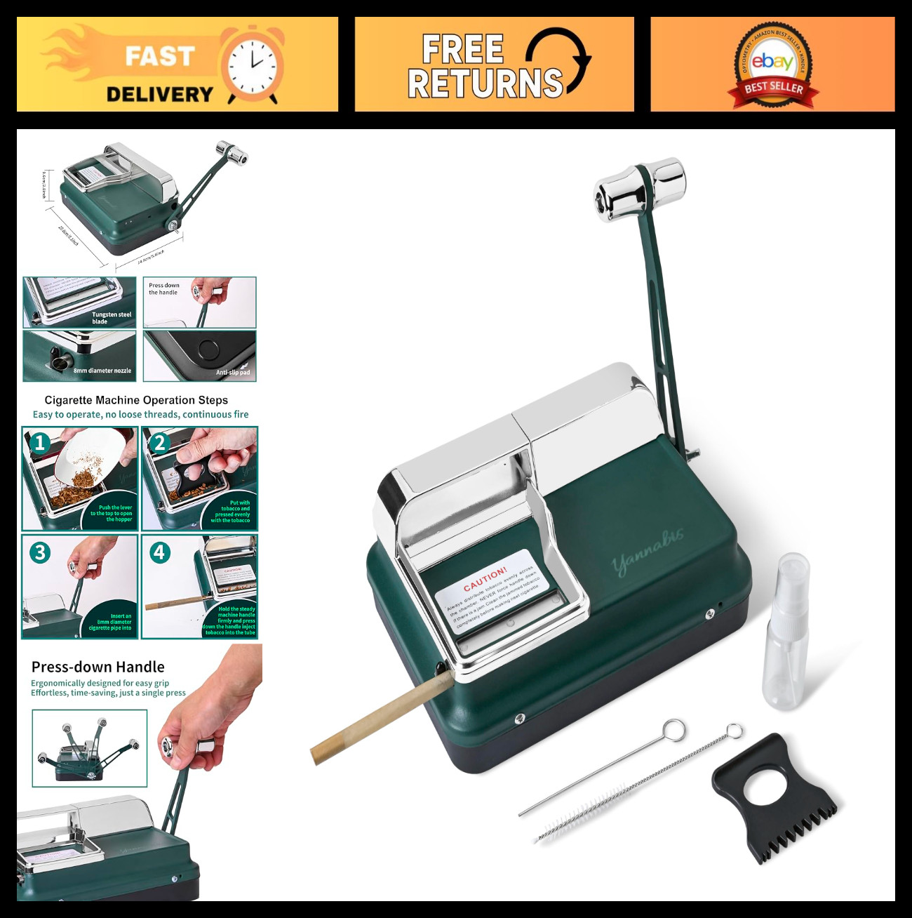 Manual Cigarette Rolling Machine for 8mm Tubes, Injector with Accessories, Easy