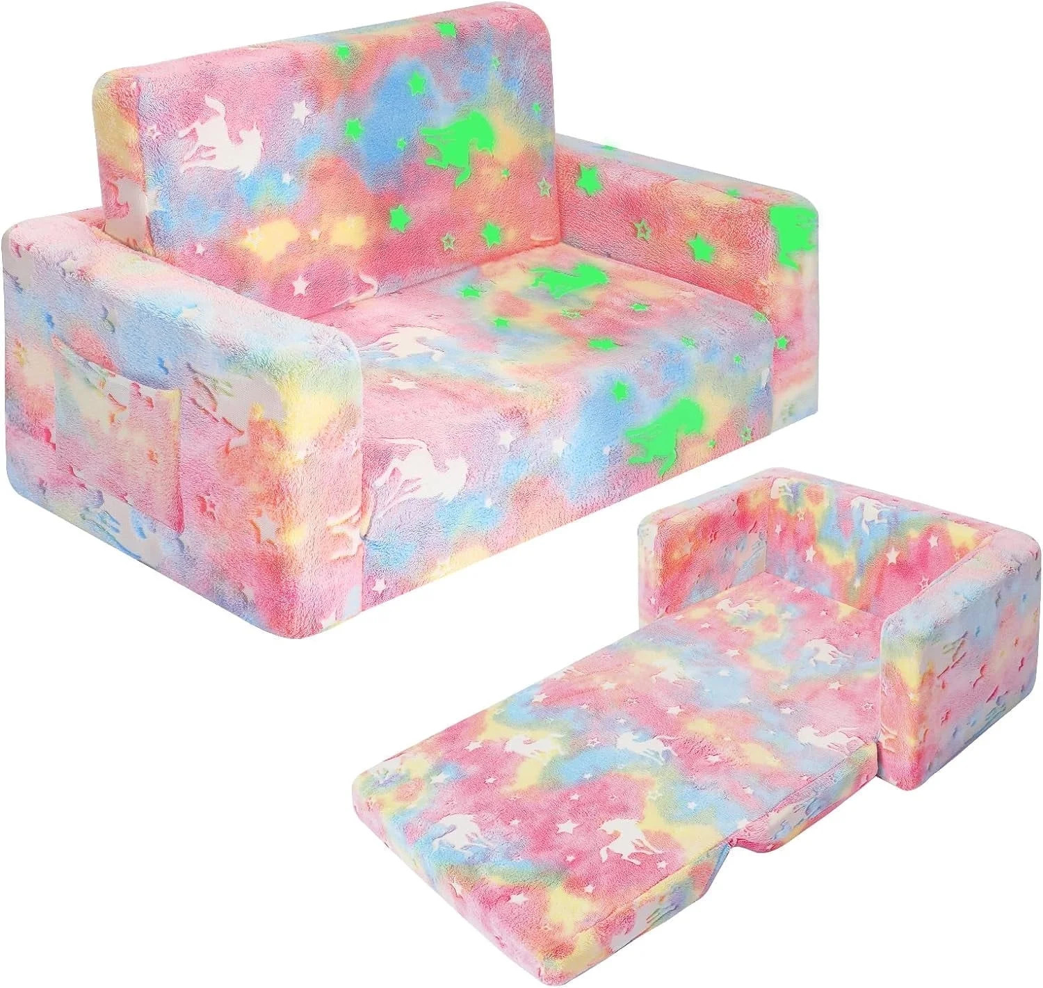 Folding Kids Couch and Sleeper, Soft 2-in-1 Sofa, Pink Unicorn Design