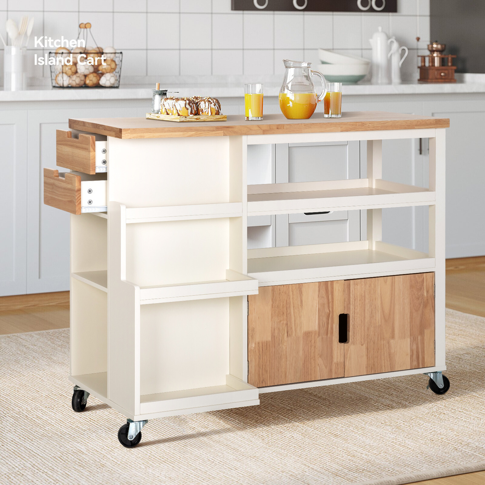Kitchen Island Trolley Cart Wood Storage Cabinet with Drawer for Dining Room