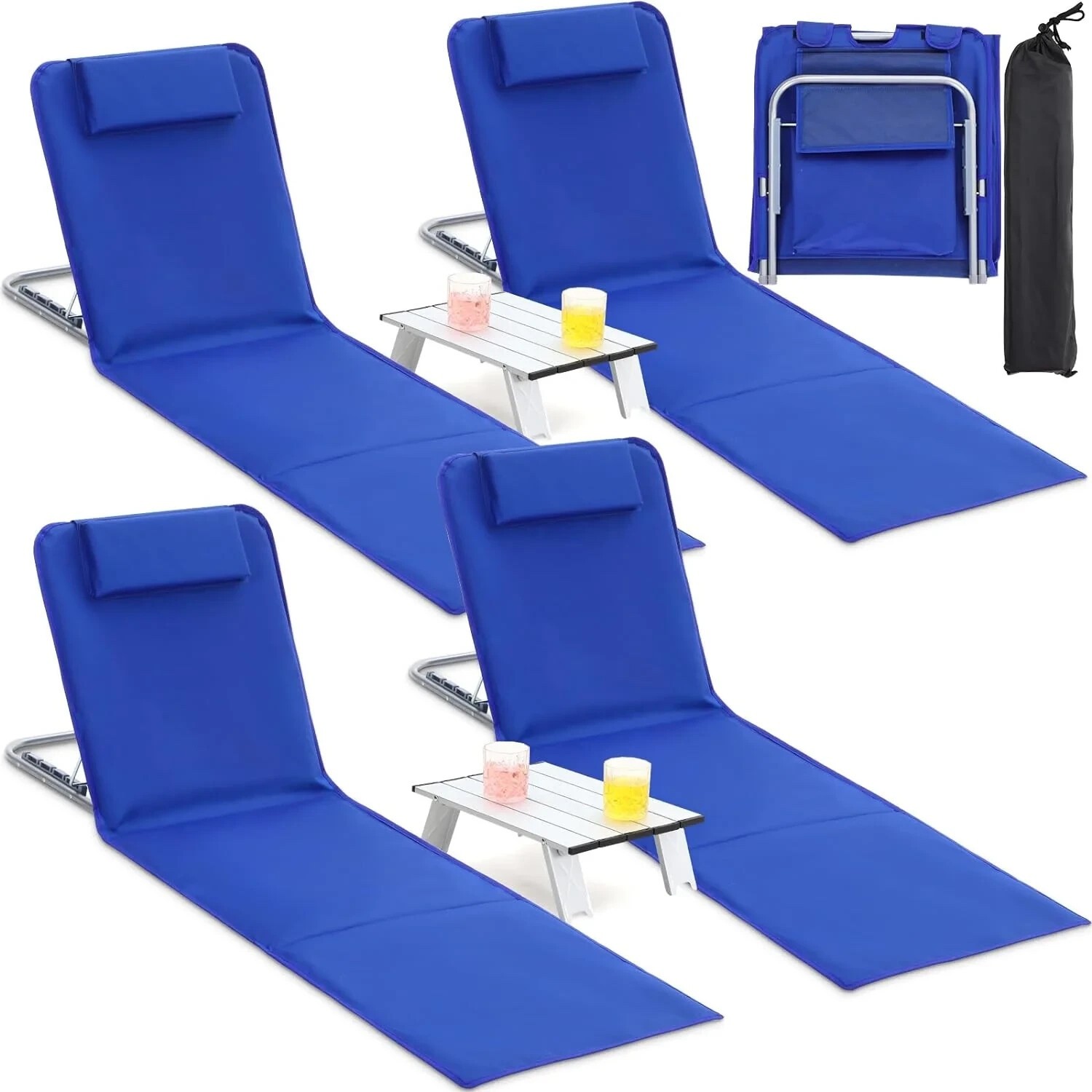6pcs Set- 4 Beach Lounge Chaise Chairs with 2 Folding Side Tables, Dark Blue