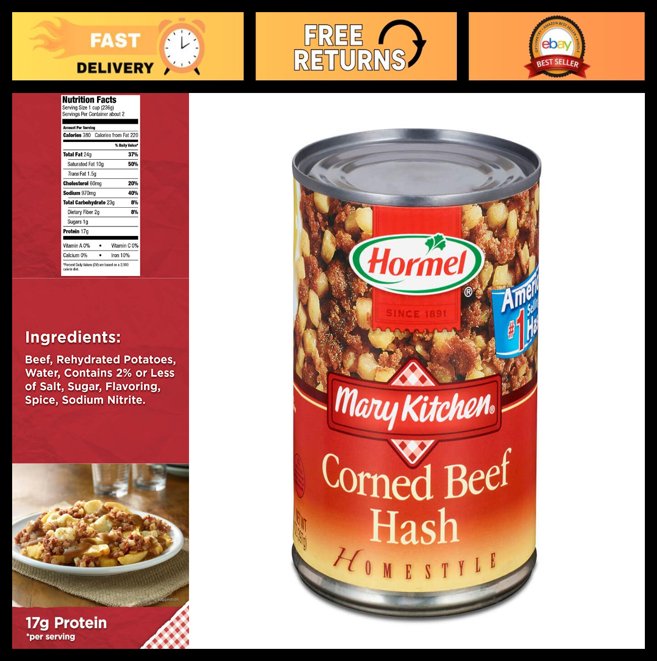 Corned Beef Hash - 14 oz Cans (Pack of 12) - Ready to Eat, Convenient Meal Optio