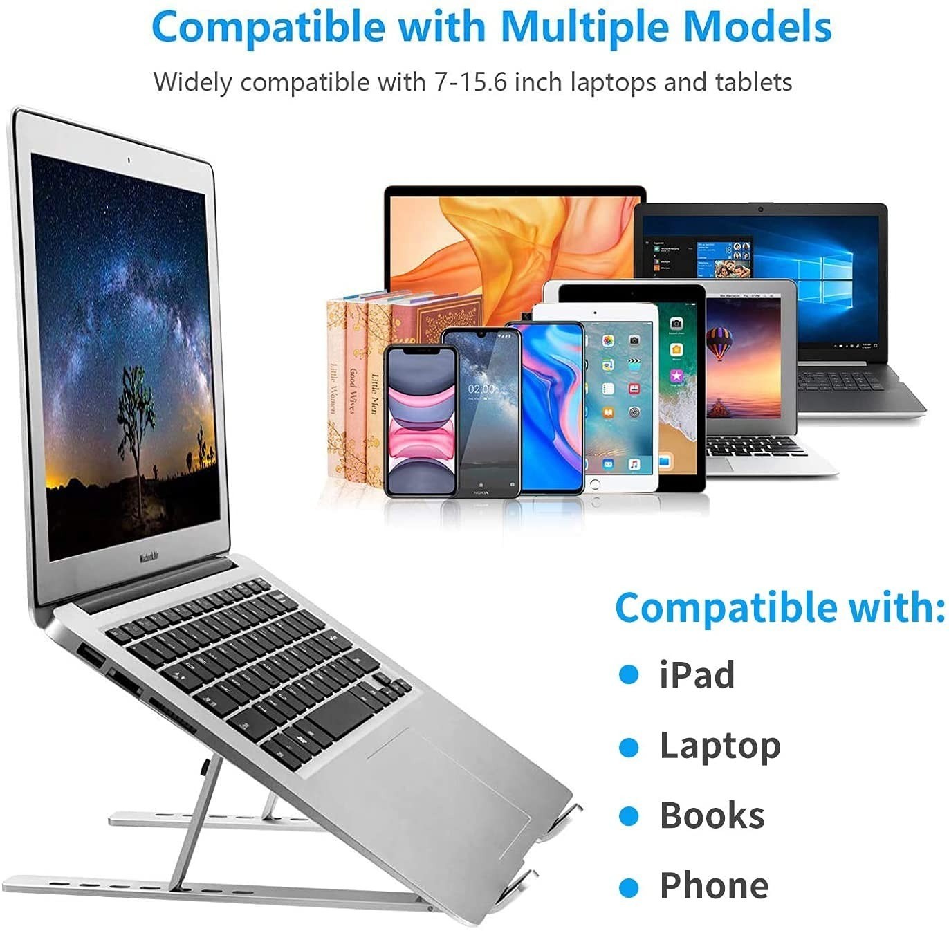 Leeboom Adjustable Laptop Stand, Foldable Aluminum Riser, Silver