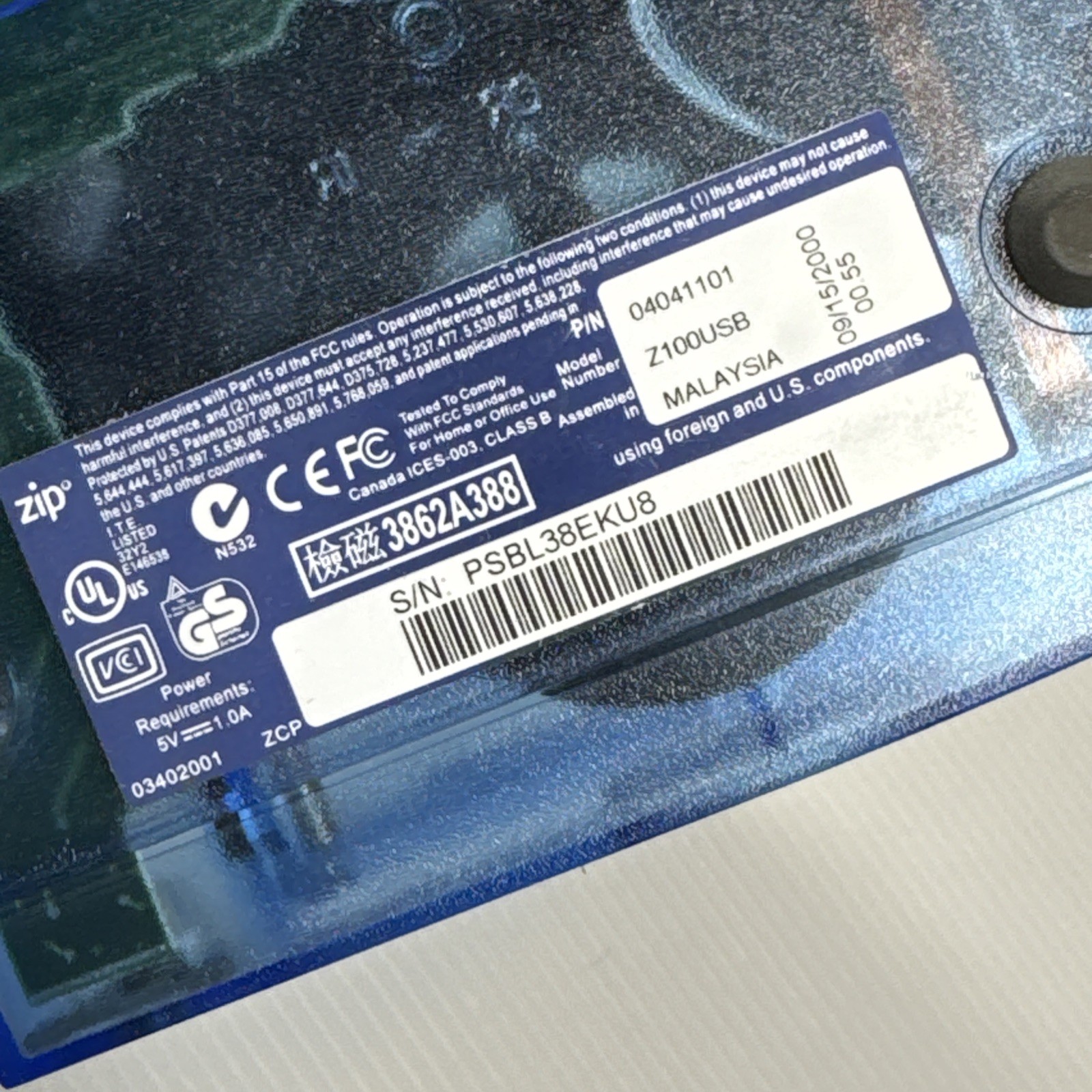 Iomega Zip Drive Z100USB Blue Clear with AC Adapter & USB Cable
