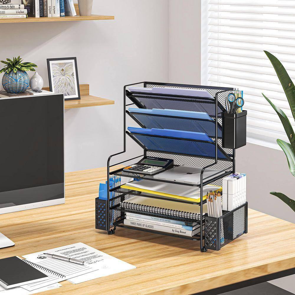 Black 16.75 In. X 8.75 In. X 16.75 In. 7 Tier Metal Desk File Organizer with Pen