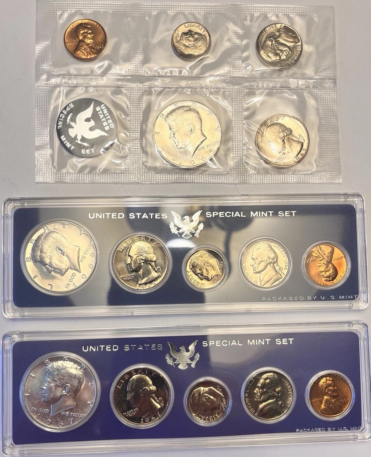 Complete Set Of 3 Special Mint Sets 1965 1966 1967 SMS 40% Silver 50c + Semi 50c