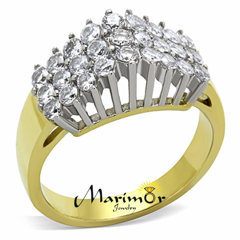 Two Tone I.P. Stainless Steel 316 Cubic Zirconia Cocktail Fashion Ring Size 5-10