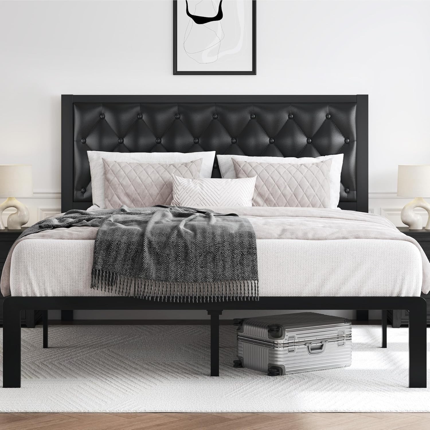 Queen Bed Frame Upholstered Button Tufted Headboard Platform Metal Slats Support