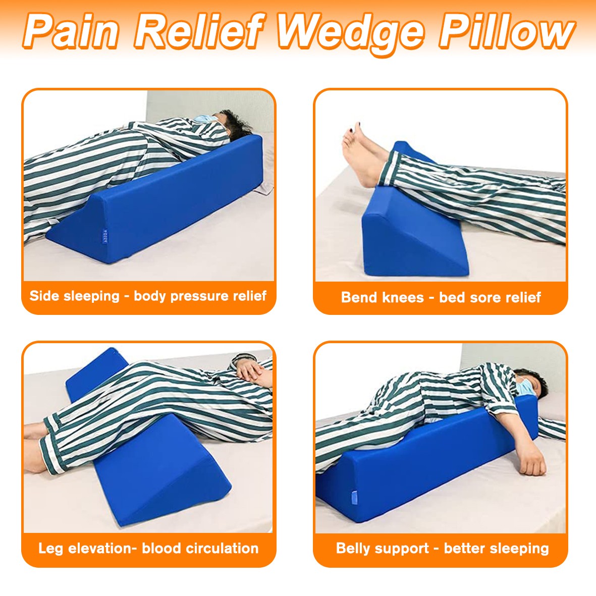 30° Incline Wedge Pillow Foam Bed For Side Sleeper Medical Elevated Bolster Blue