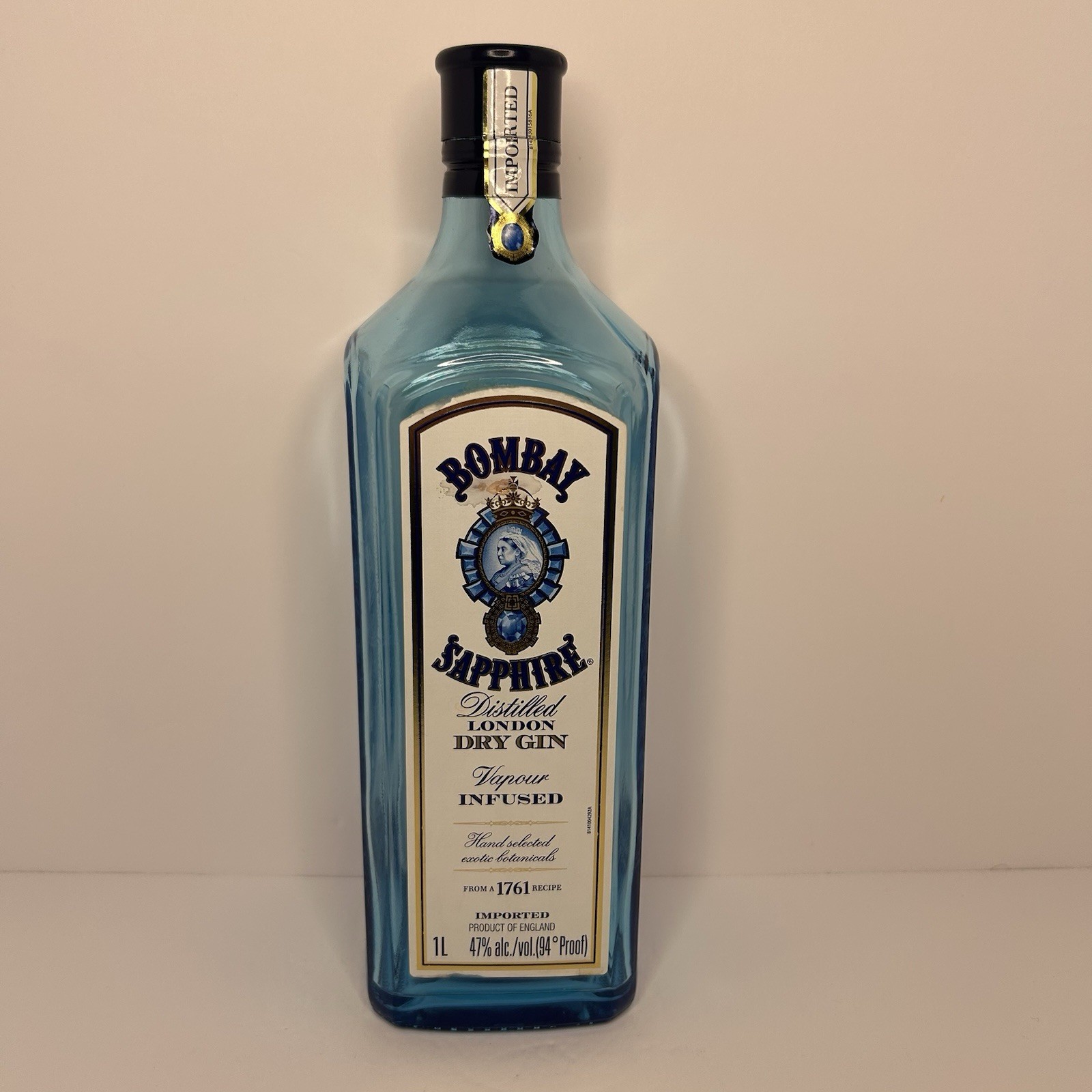 Bombay Sapphire London Dry Gin 1L Empty Bottle W/Cap Blue Glass