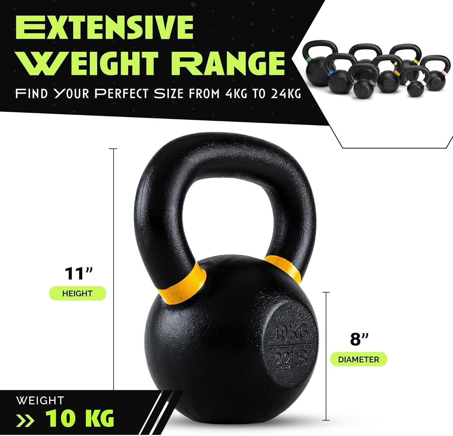 Single Cast Iron Kettlebell | Powder Coated - Wide Handle Weights for Core & ...