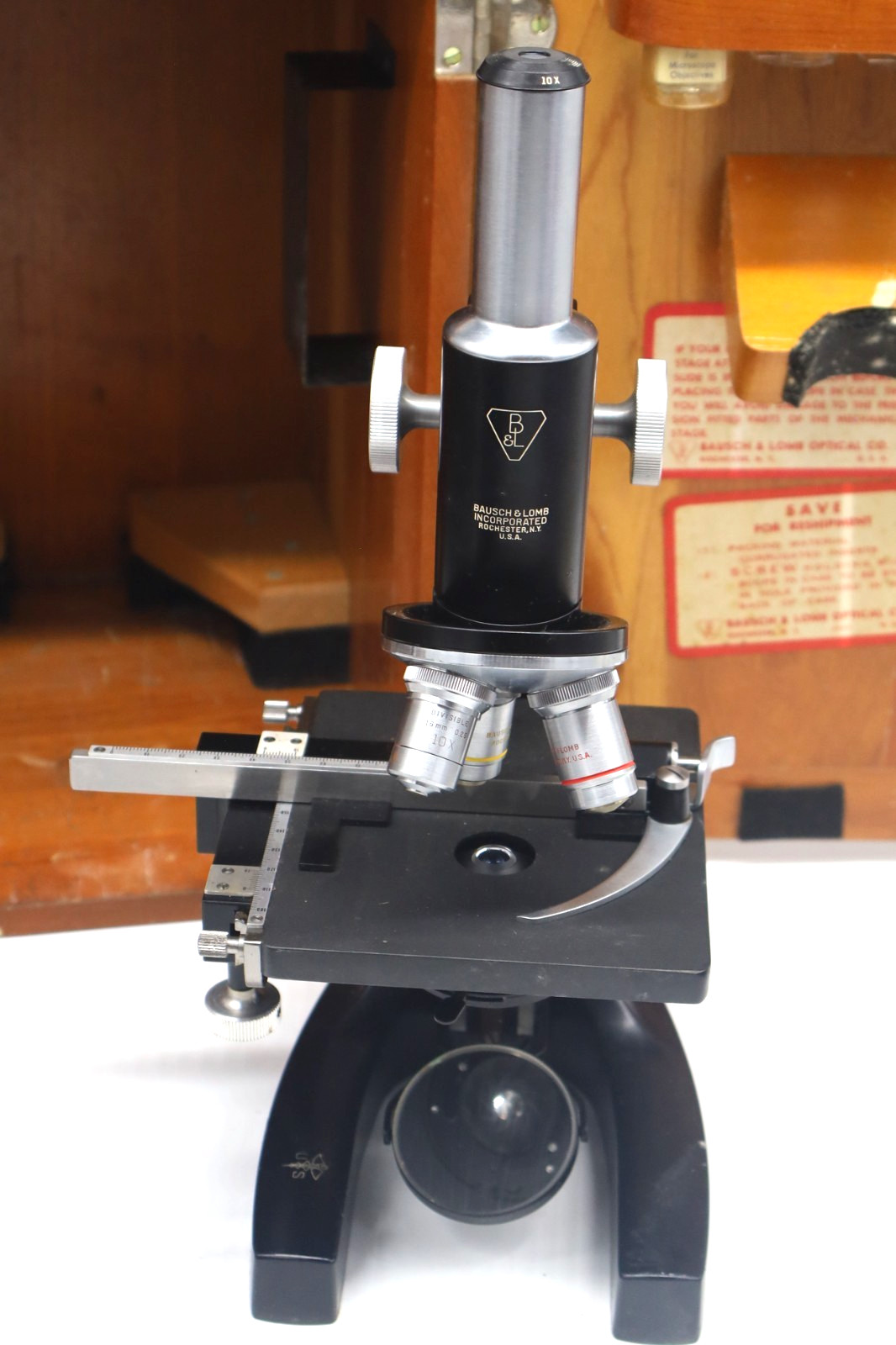 Vintage Bausch & Lomb Optical Microscope Mechanical Stage 3 Objectives Wood Case