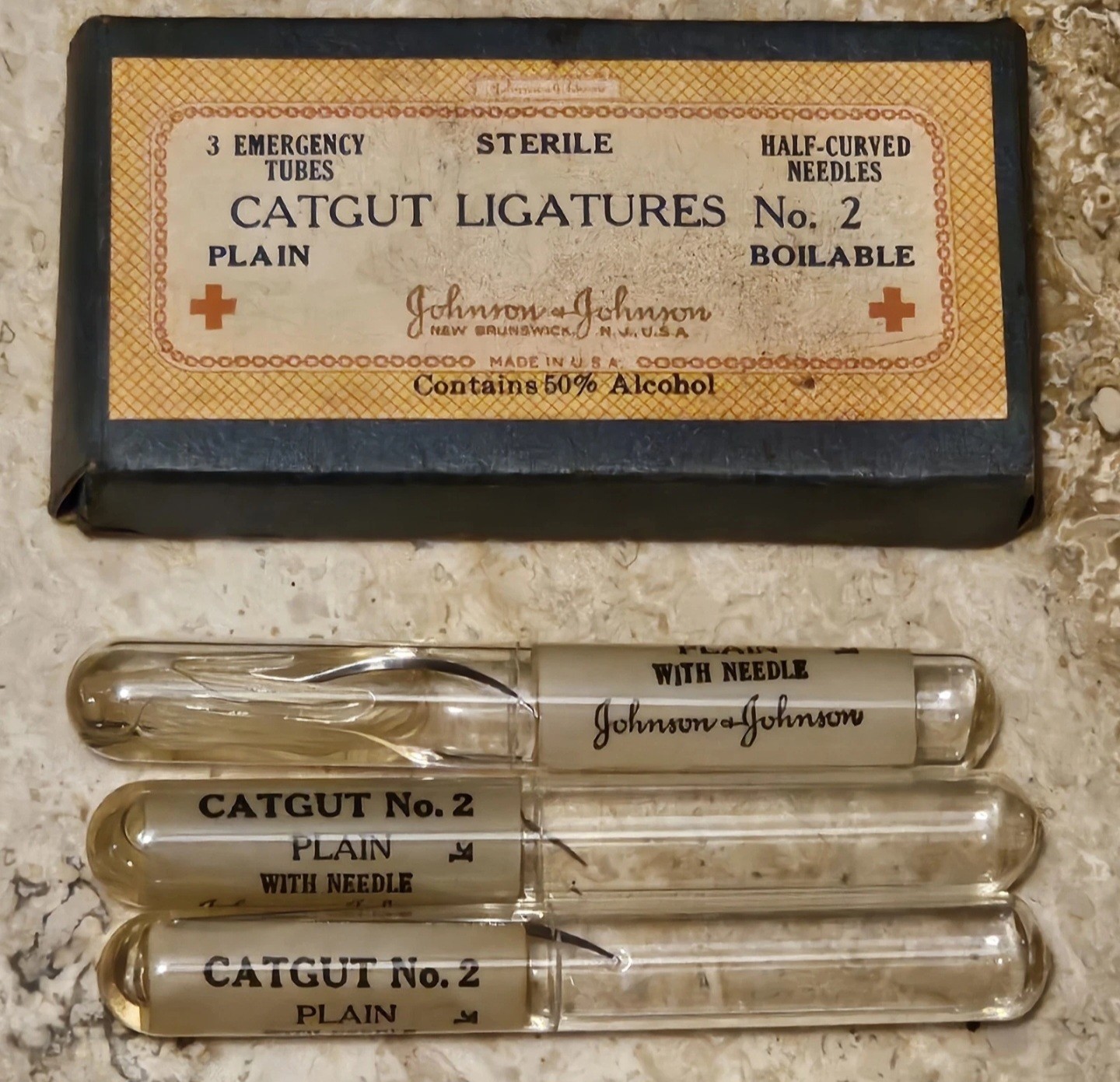 Rare & Vintage Johnson & Johnson Catgut Ligatures #2 Glass Tubes In Original Box