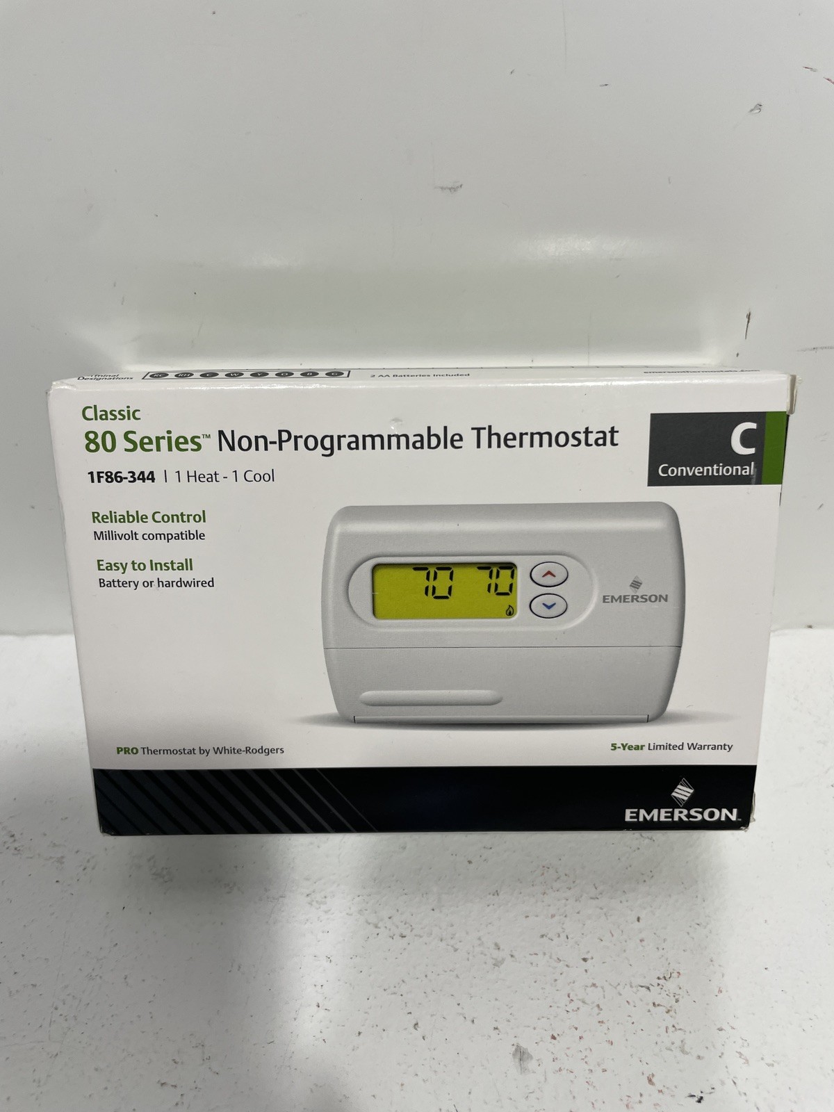 Emerson 1F86-344 Non-Programmable Thermostat for Single-Stage 1, White