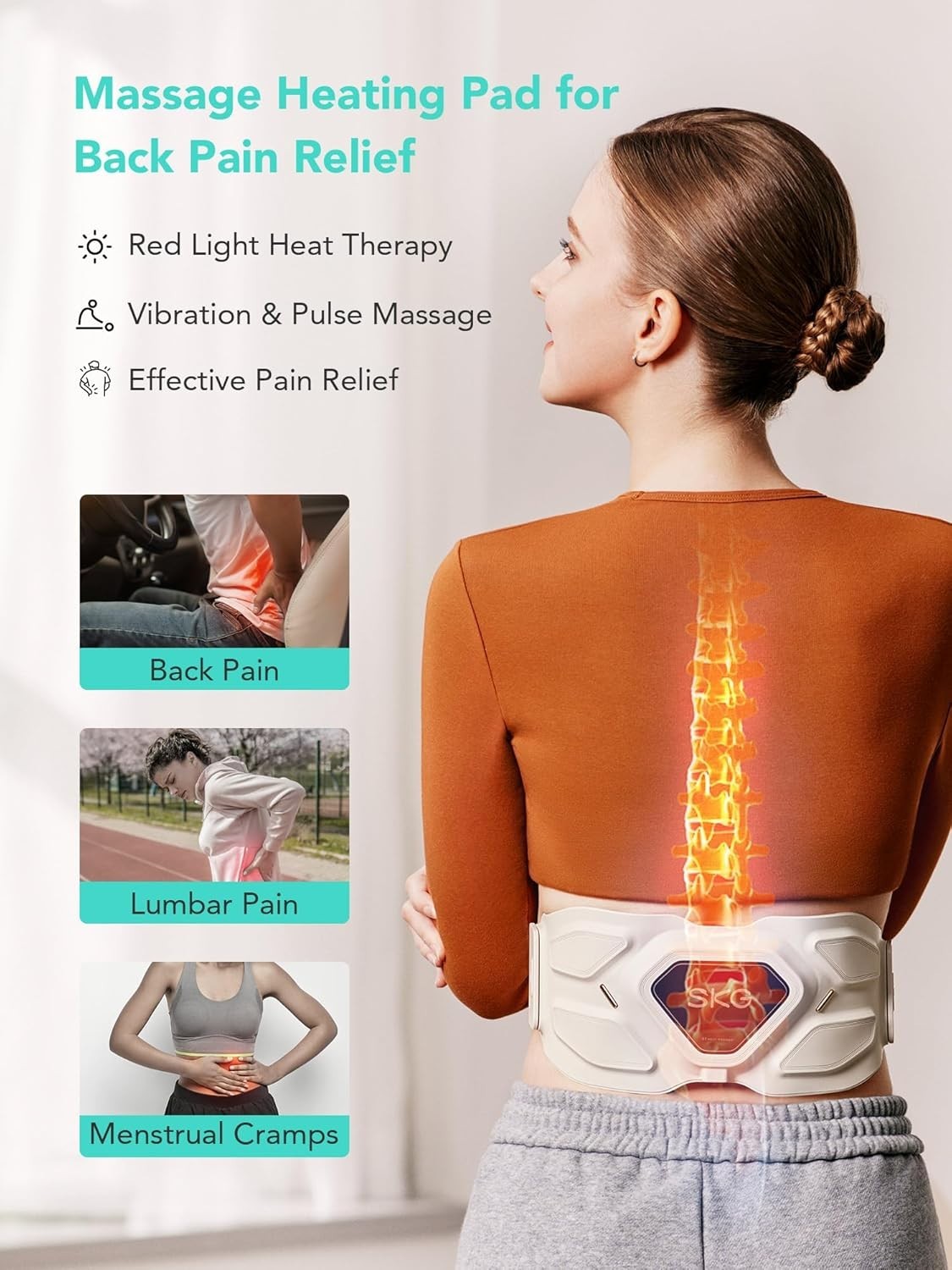 SKG Lower Back Vibrating Massager Adjustable Cordless Heating Pad Infrared