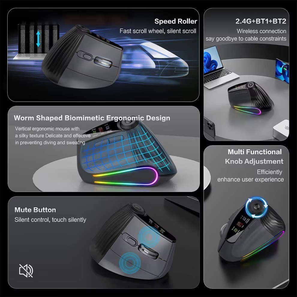 Backlit Wireless Ergonomic Mouse Bluetooth 2.4G Rechargeable w/ Smart Scroll