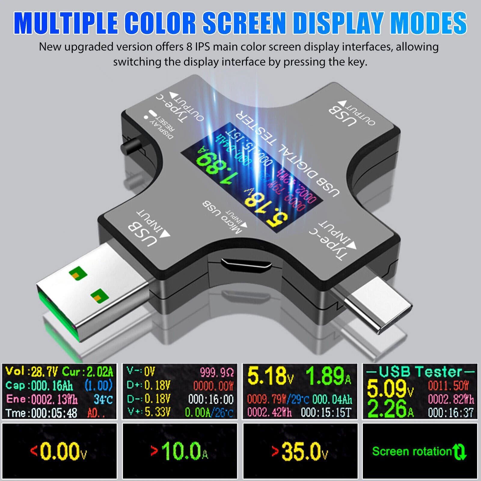 8 IPS Multiple Color Screen USB Power Meter Accepts Maximum Current: 5.1A