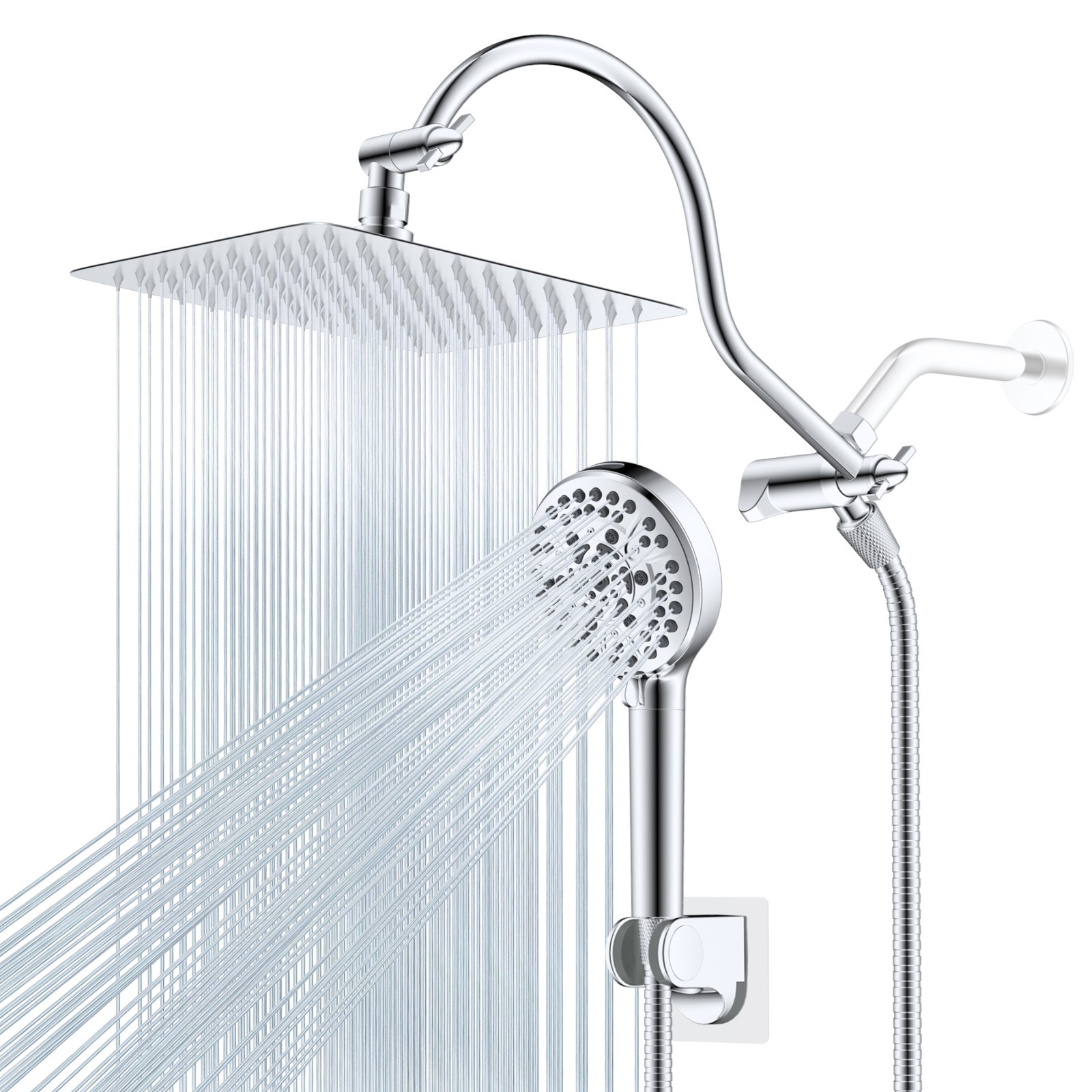 Hibbent All Metal Shower Head 10 Inch Rainfall Shower Head Combo Chrome