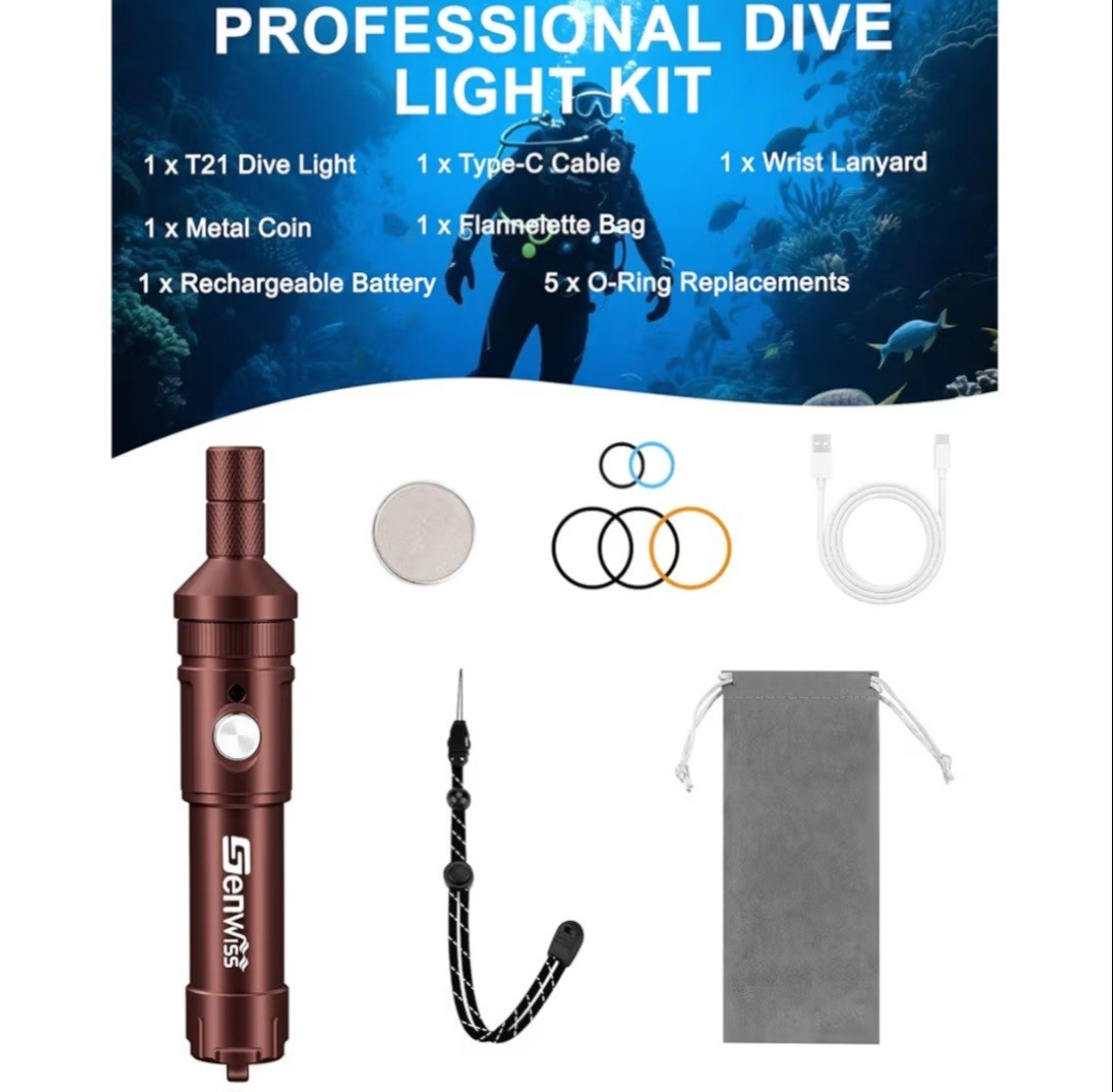 Dive Light 2000 Lumen Scuba Diving Flashlight Adjust. Beam IP68 Waterproof- Red