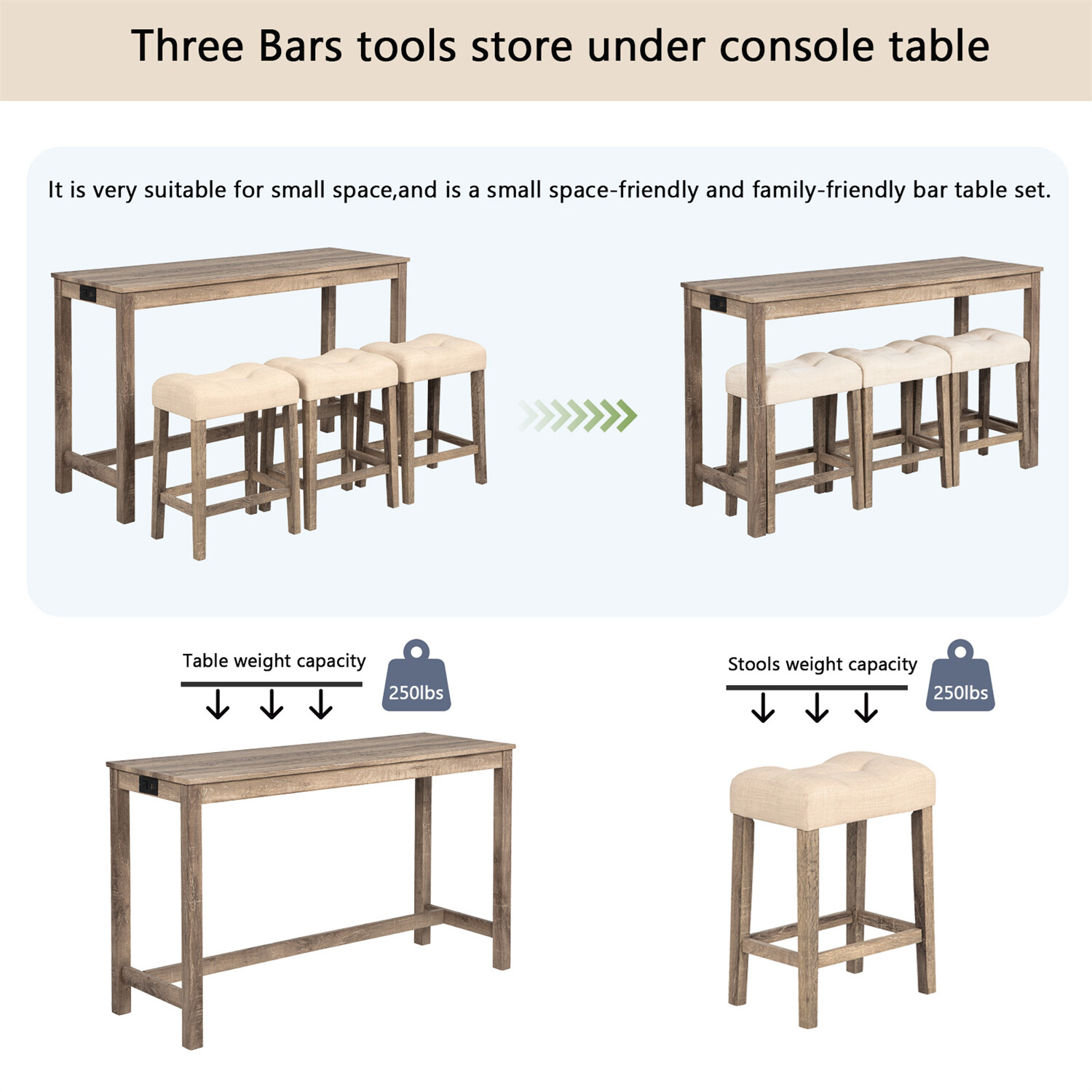 4 Piece Bar Table Set Counter Height Kitchen Dining Table with 3 Stools